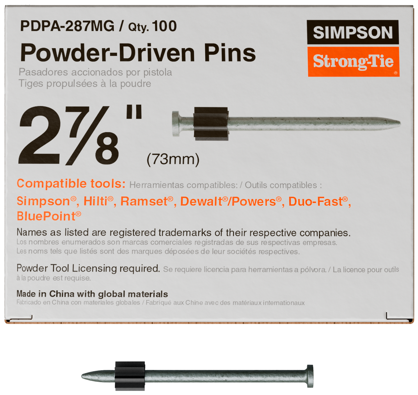 Simpson Strong-Tie PDPA-287MG PDPA .157 in. x 2-7/8 in. Mechanically Galvanized Powder-Actuated Pin (100-Qty) (Pack of 10)