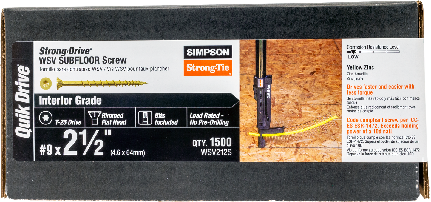 Simpson Strong-Tie WSV212S Strong-Drive® WSV SUBFLOOR Screw (Collated) — #9 x 2-1/2 in. T25, Yellow Zinc (1500-Qty)