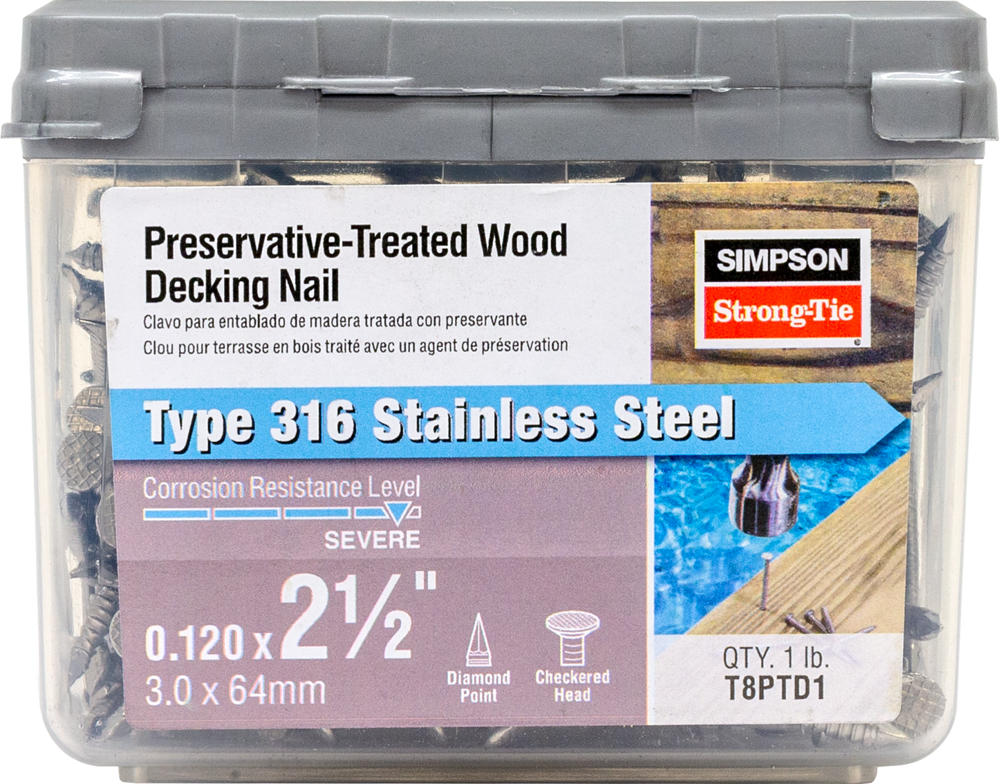 Simpson Strong-Tie T8PTD1 Preservative-Treated Wood Decking Nail, Ring Shank — 2-1/2 in. x .120 in. Type 316 (1 lb.)