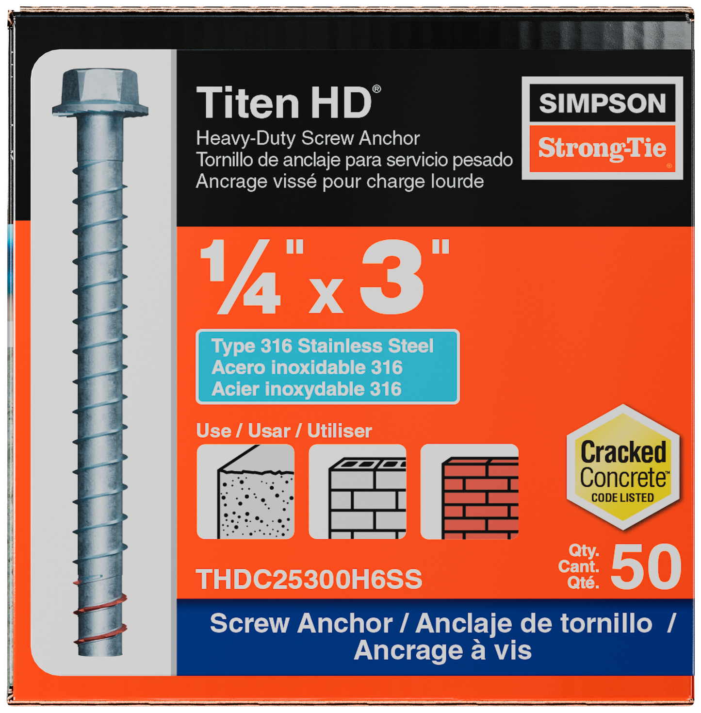 Simpson Strong-Tie THDC25300H6SS Titen HD® 1/4 in. x 3 in. Type 316 Stainless-Steel Heavy-Duty Screw Anchor (50-Qty)