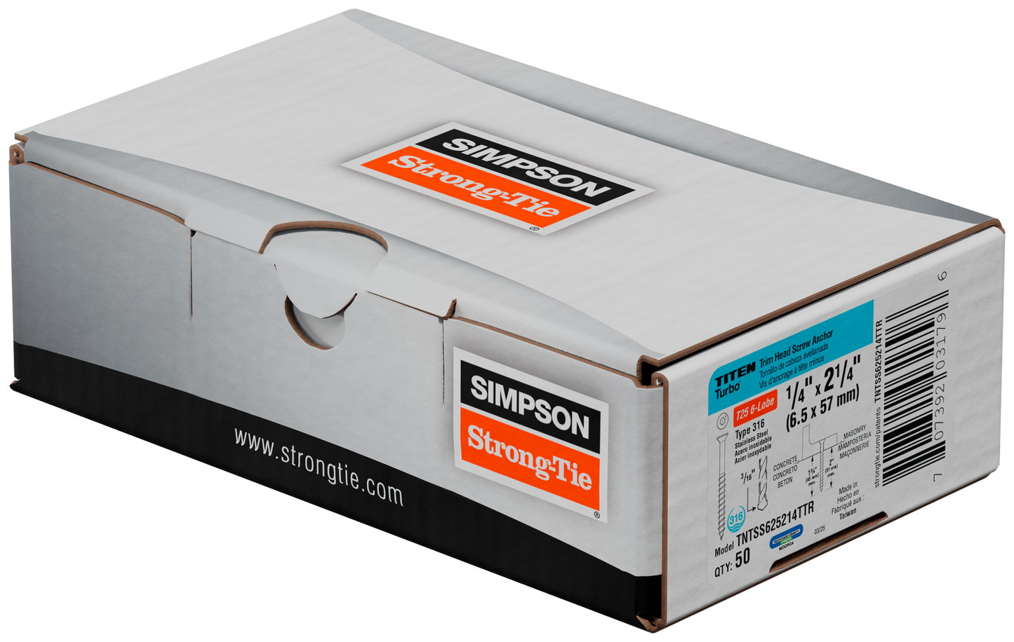Simpson Strong-Tie TNTSS625214TTR Titen Turbo™ — 1/4 in. x 2-1/4 in. Type 316 Stainless-Steel Trim-Head Concrete and Masonry Screw (50-Qty) (Pack of 5)