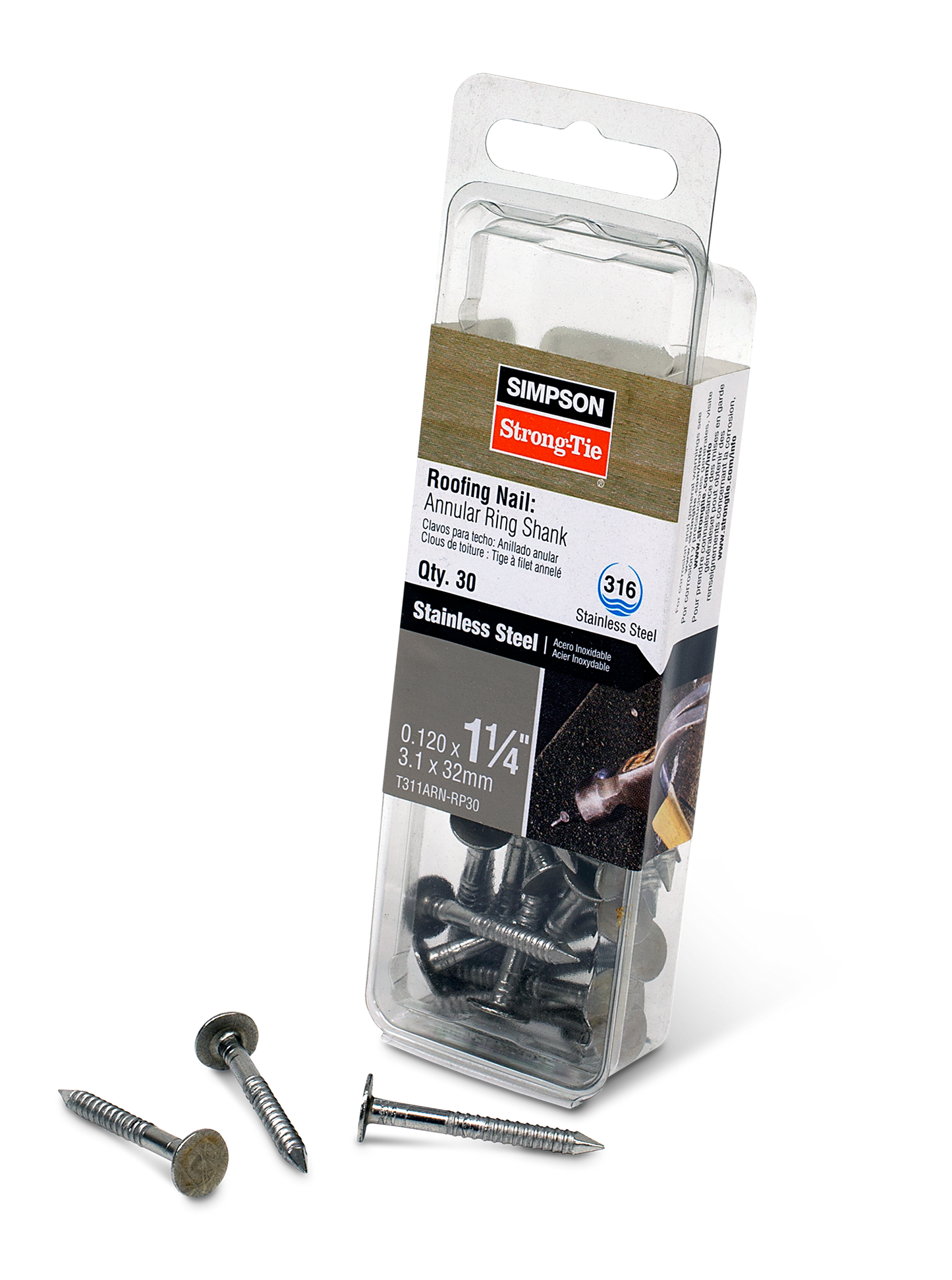 Simpson Strong-Tie T311ARN-RP30 Roofing Nail, Annular Ring Shank — 1-1/4-in. x .120-in. Type 316 Stainless Steel (30-Qty)