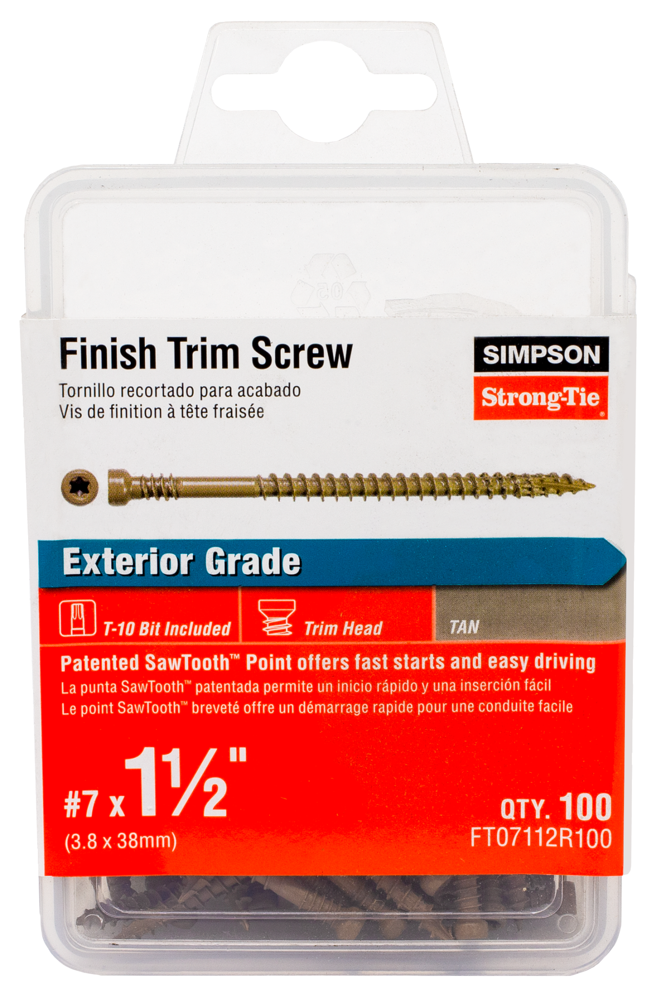 Simpson Strong-Tie FT07112R100 Finish Trim Screw — #7 x 1-1/2 in. T10, Trim-Head, Quik Guard®, Tan (100-Qty) (Pack of 5)