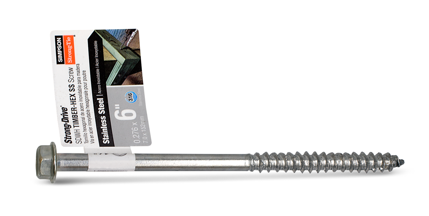 Simpson Strong-Tie SDWH27600SS-RP1 Strong-Drive® SDWH™ TIMBER-HEX SS Screw — 0.275 in. x 6 in. 1/2 Hex, Type 316