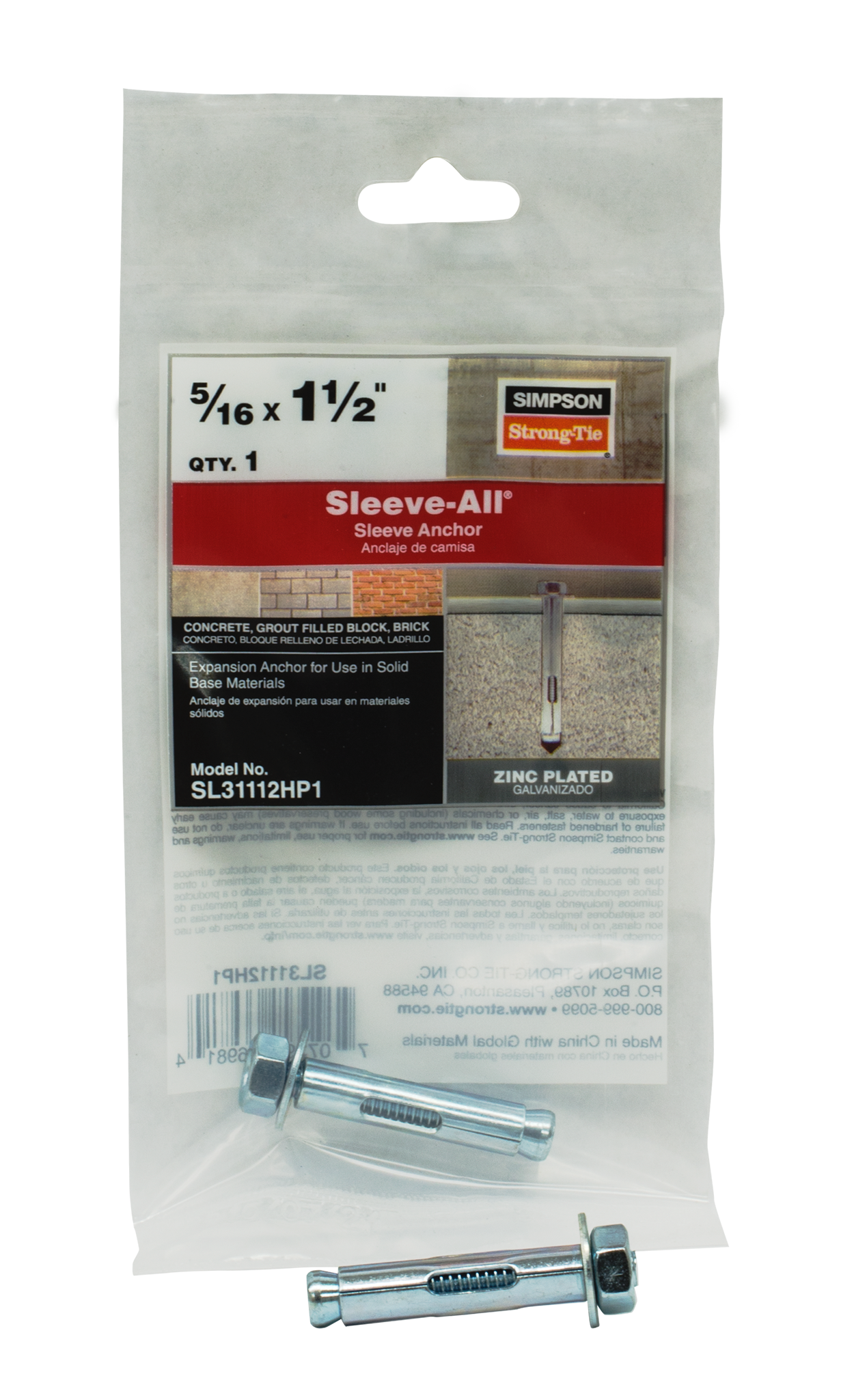 Simpson Strong-Tie SL31112HP1 Sleeve-All® 5/16 in. x 1-1/2 in. Hex-Head Sleeve Anchor (Pack of 8370)
