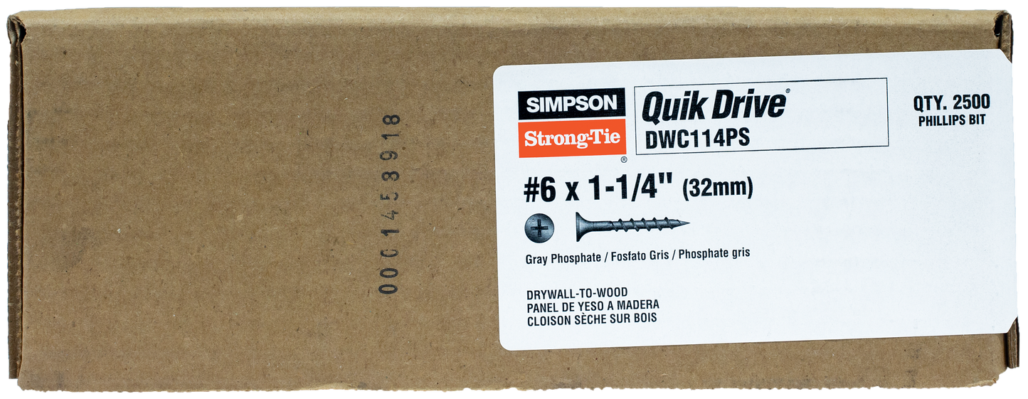 Simpson Strong-Tie DWC114PS DWC Drywall Screw (Collated) — #6 x 1-1/4 in. #2 Phillips Bugle-Head (2500-Qty) (Pack of 100)