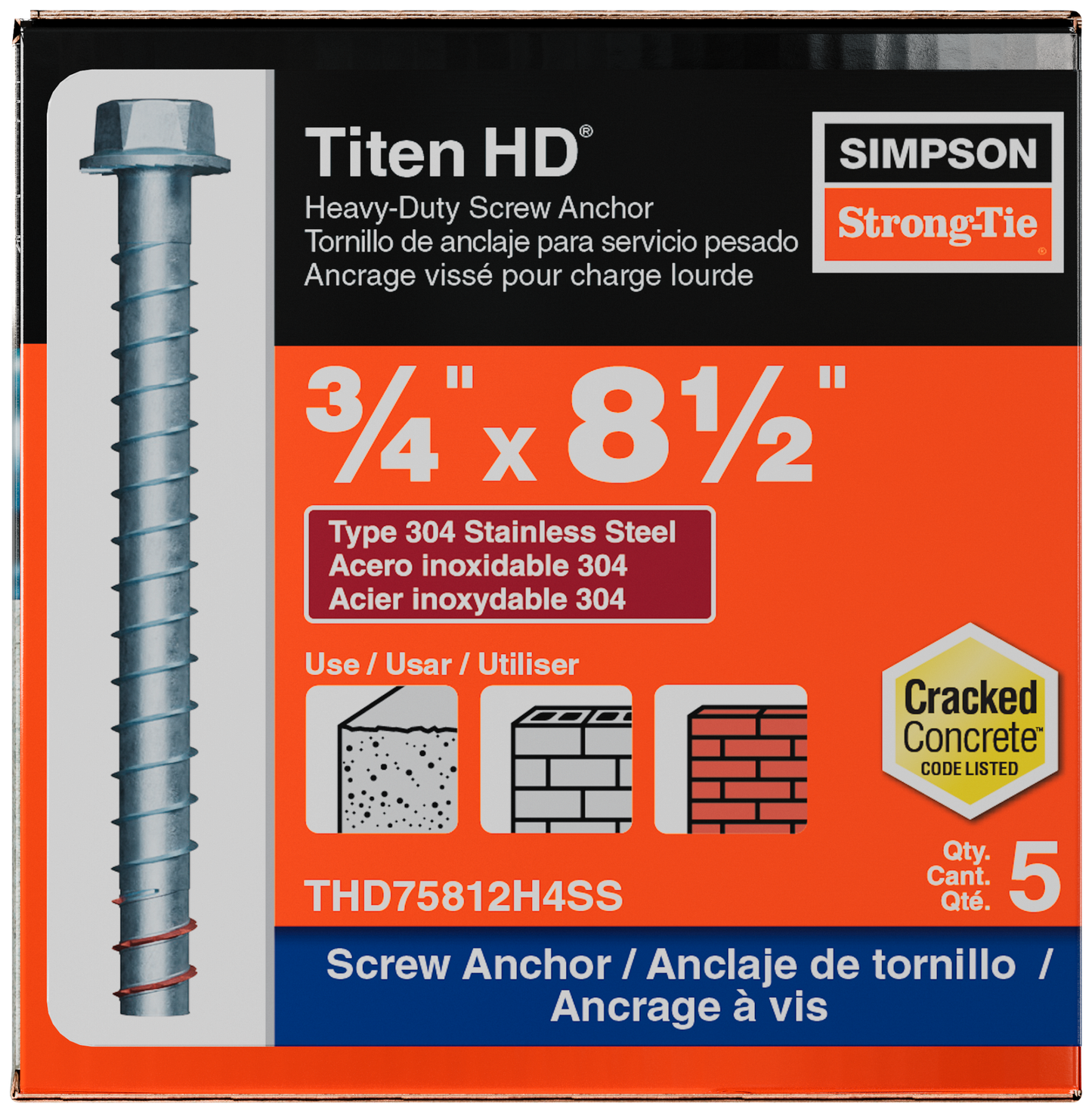 Simpson Strong-Tie THD75812H4SS Titen HD® 3/4 in. x 8-1/2 in. Type 304 Stainless Steel Heavy-Duty Screw Anchor (5-Qty) (Pack of 252)