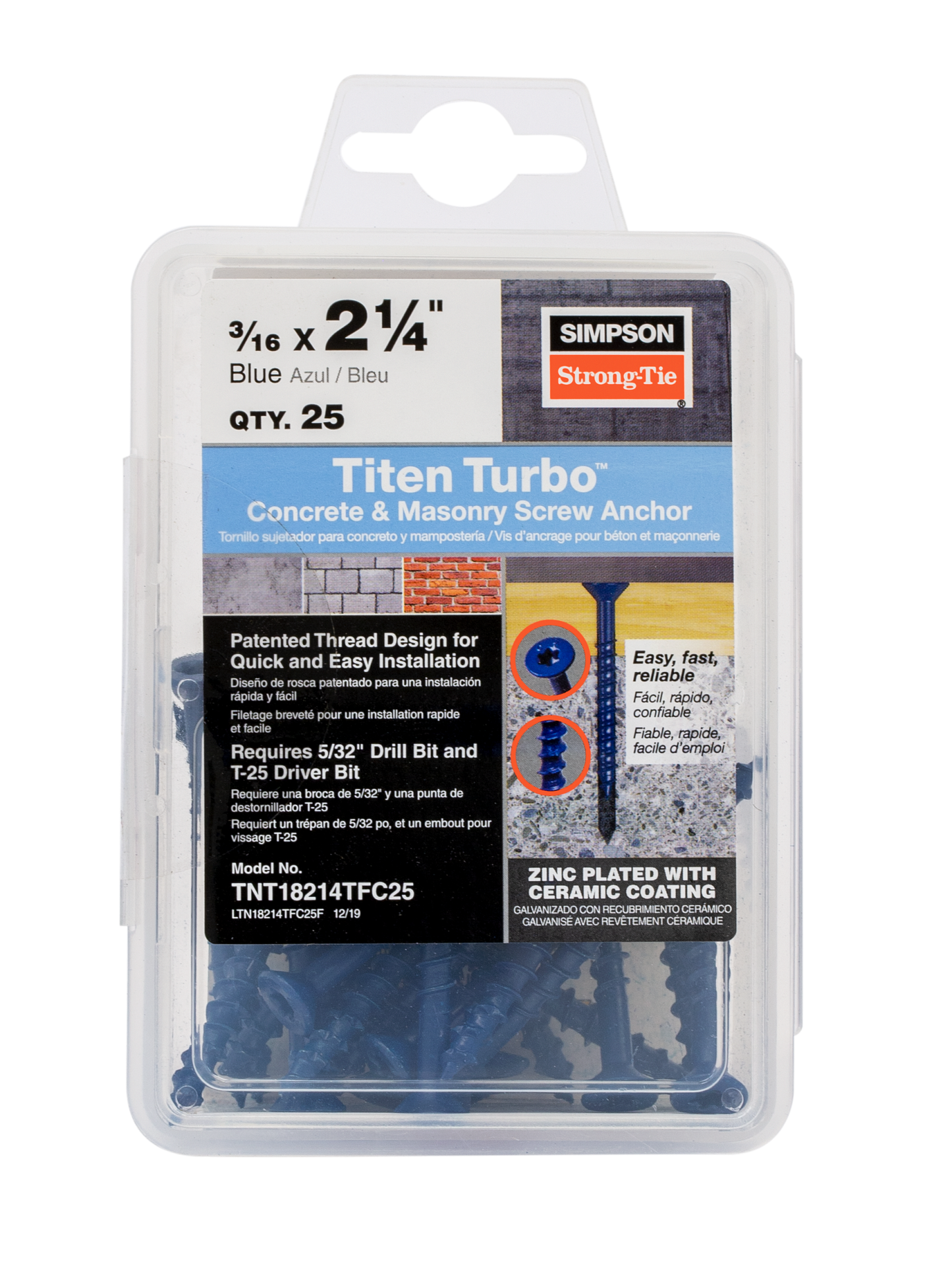 Simpson Strong-Tie TNT18214TFC25 Titen Turbo™ — 3/16 in. x 2-1/4 in. 6-Lobe Flat-Head Concrete and Masonry Screw, Blue (25-Qty) (Pack of 5)