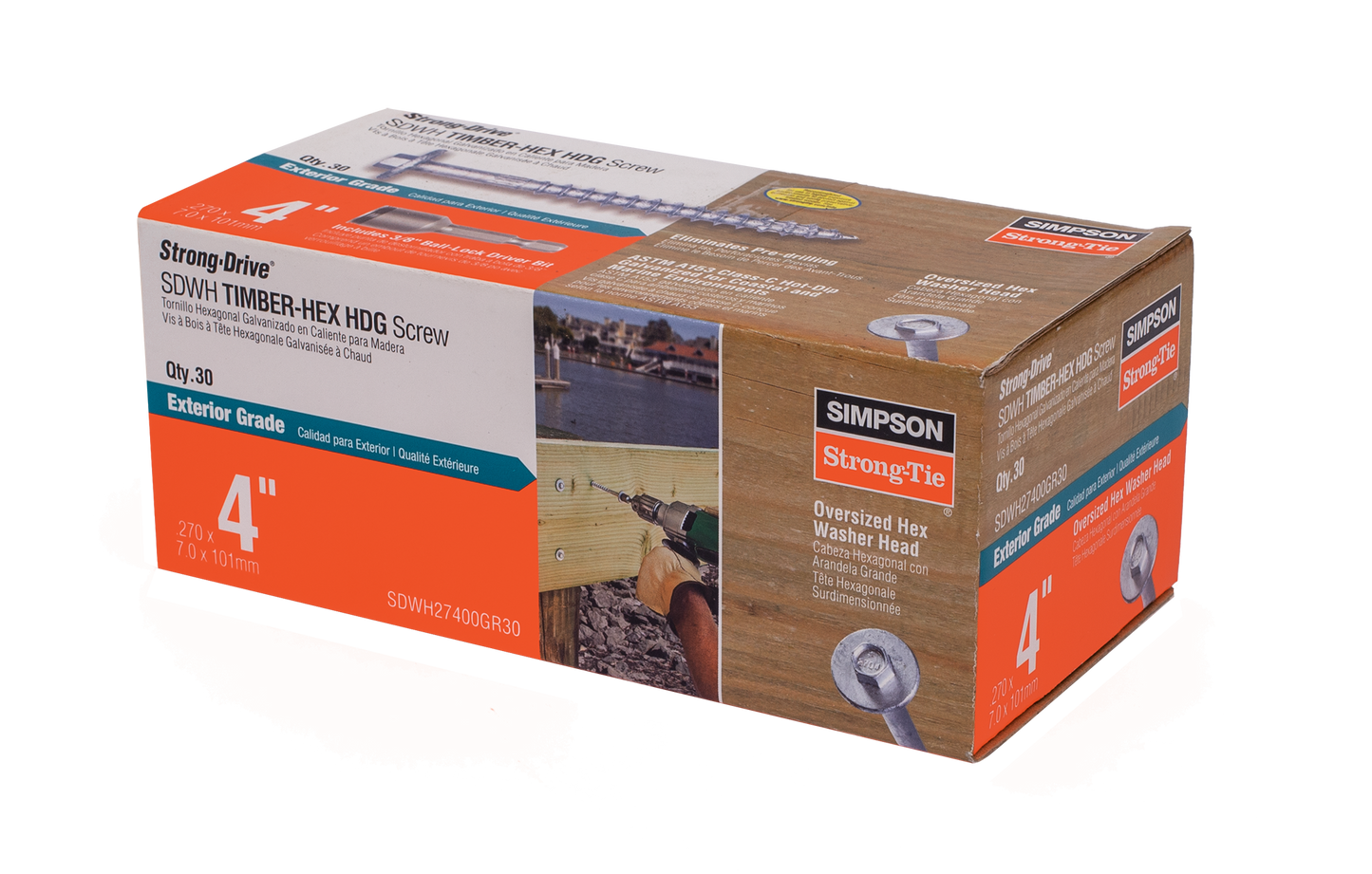 Simpson Strong-Tie SDWH27400GR30 Strong-Drive® SDWH™ TIMBER-HEX HDG Screw — 0.276 in. x 4 in. 3/8 Hex (30-Qty) (Pack of 6)