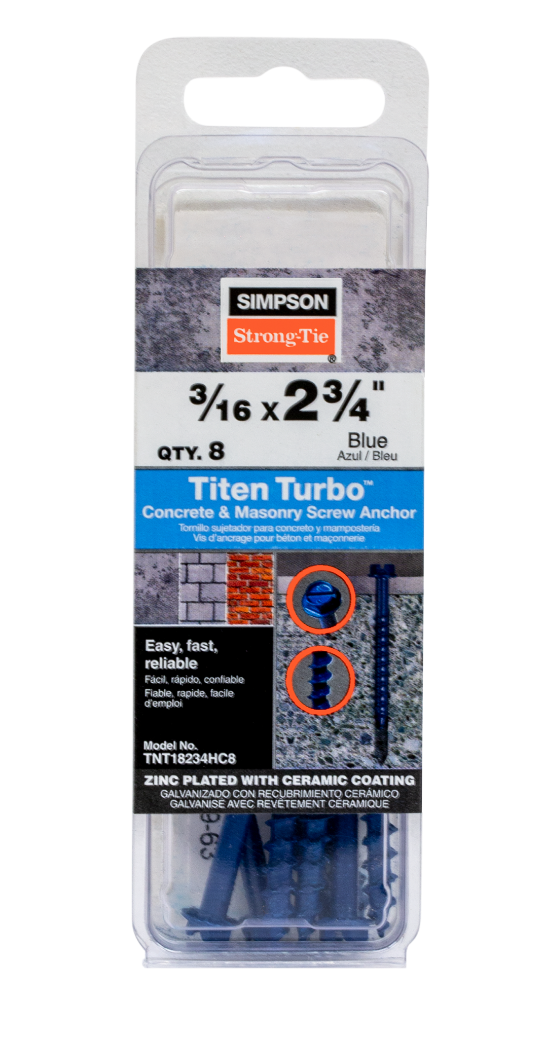 Simpson Strong-Tie TNT18234HC8 Titen Turbo™ — 3/16 in. x 2-3/4 in. Hex-Head Concrete and Masonry Screw, Blue (8-Qty) (Pack of 20)