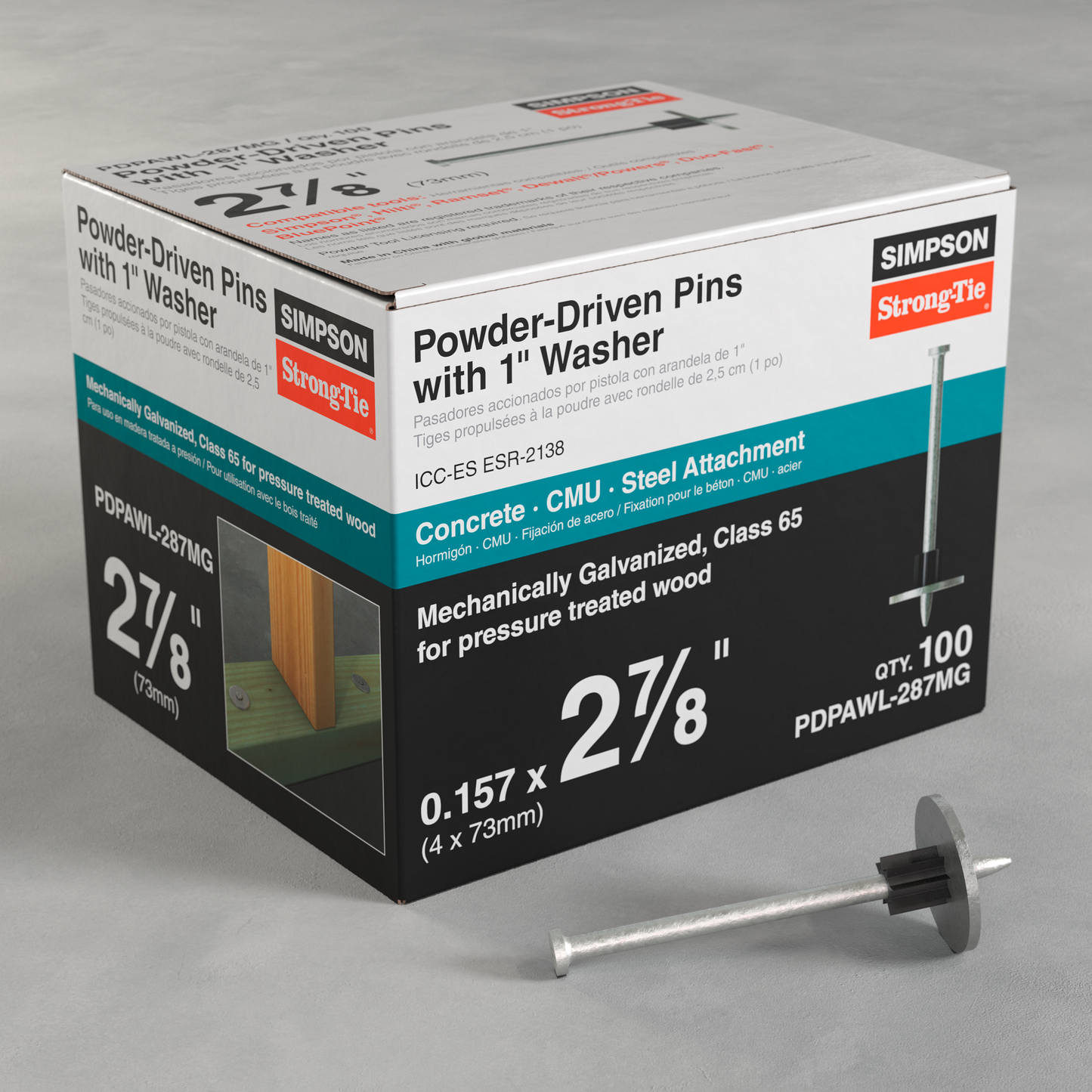 Simpson Strong-Tie PDPAWL-287MG PDPAWL .157 in. x 2-7/8 in. Mechanically Galvanized Powder-Actuated Pin w/ 1 in. Washer (100-Qty)
