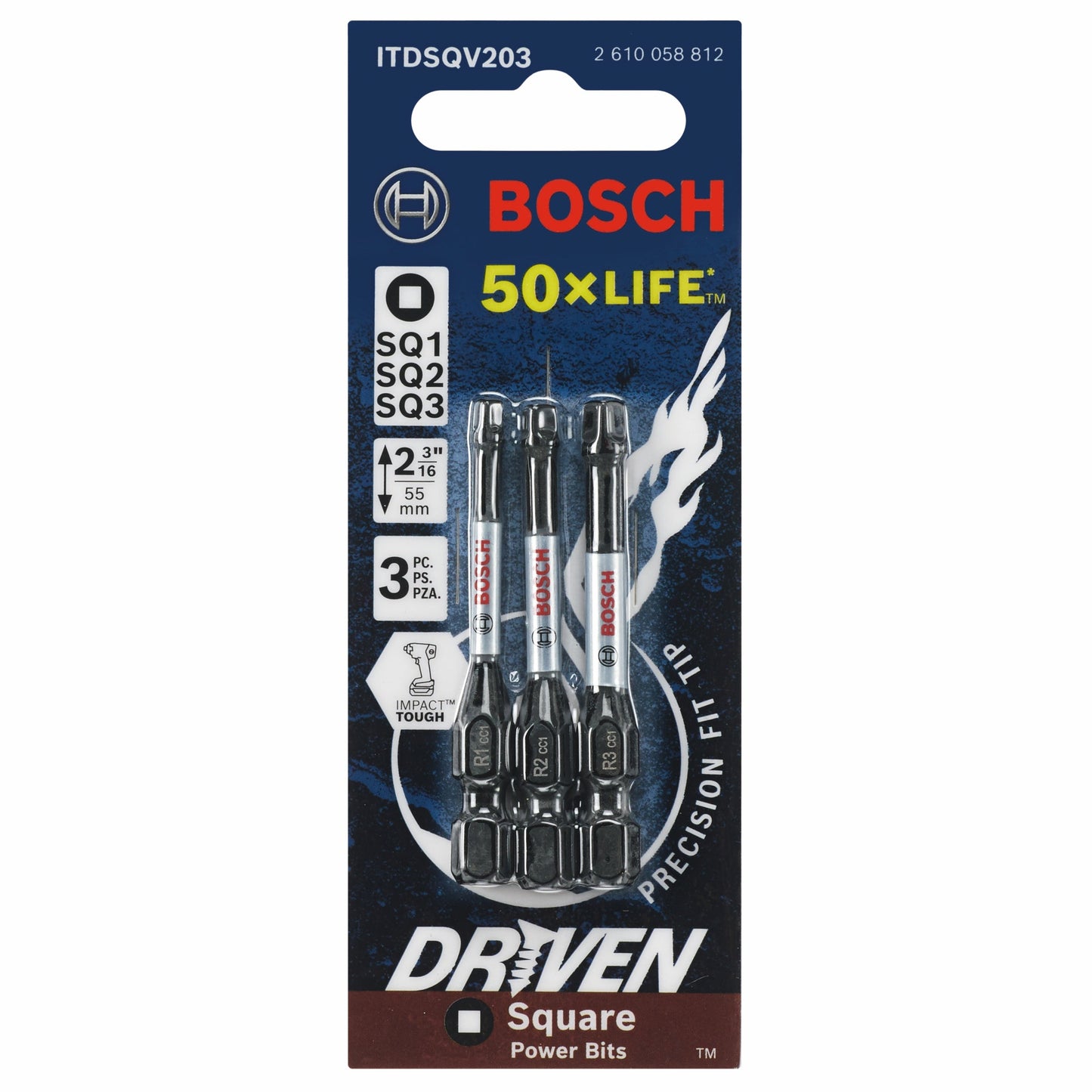 BOSCH ITDSQV203 3 pc. Driven 2 In. Impact Square Power Bit Set