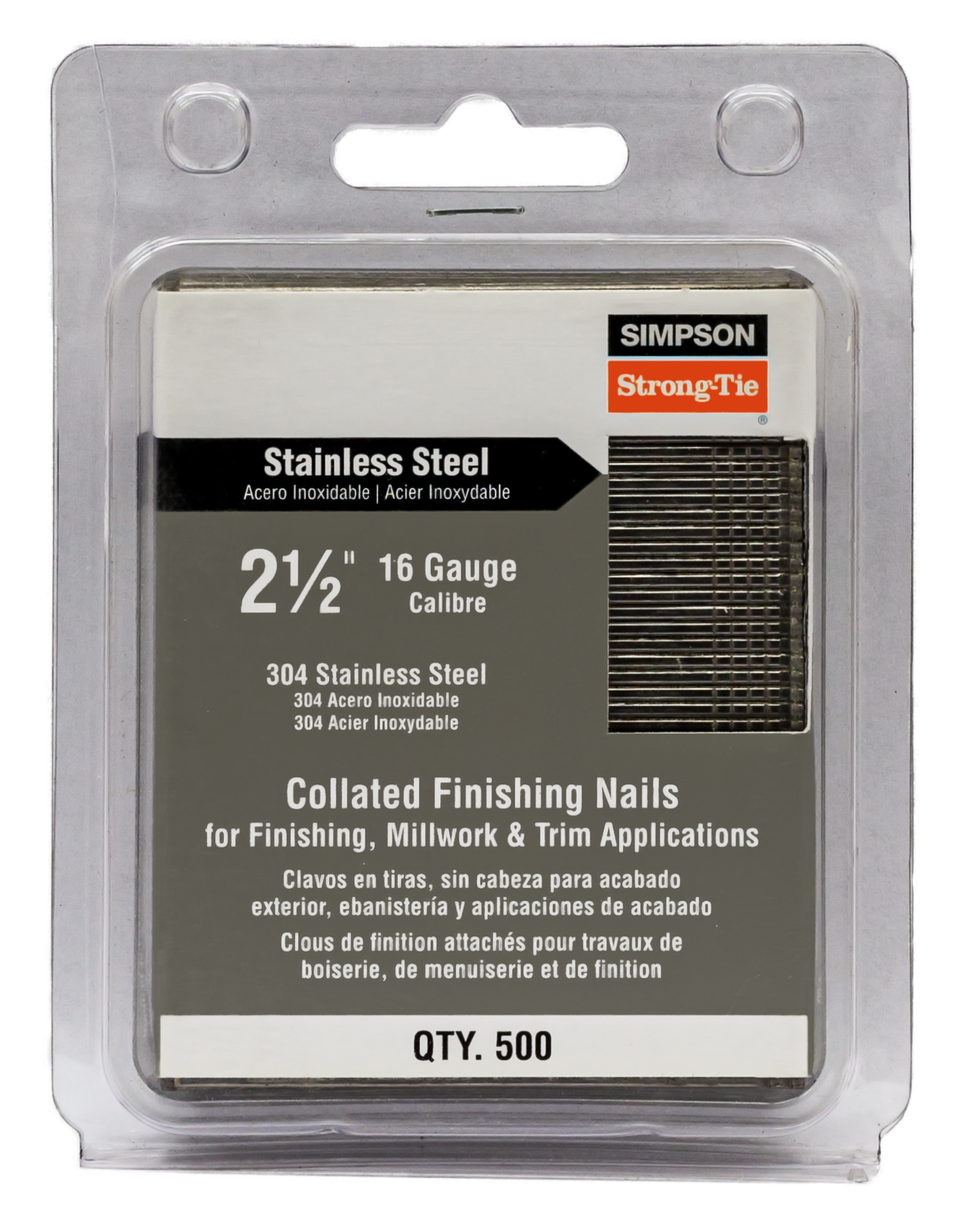 Simpson Strong-Tie S16N250FNB Straight, Adhesive Collation, T-Style Head, 16-Gauge Finishing Nail — 2-1/2 in. Type 304 (500-Qty) (Pack of 5)
