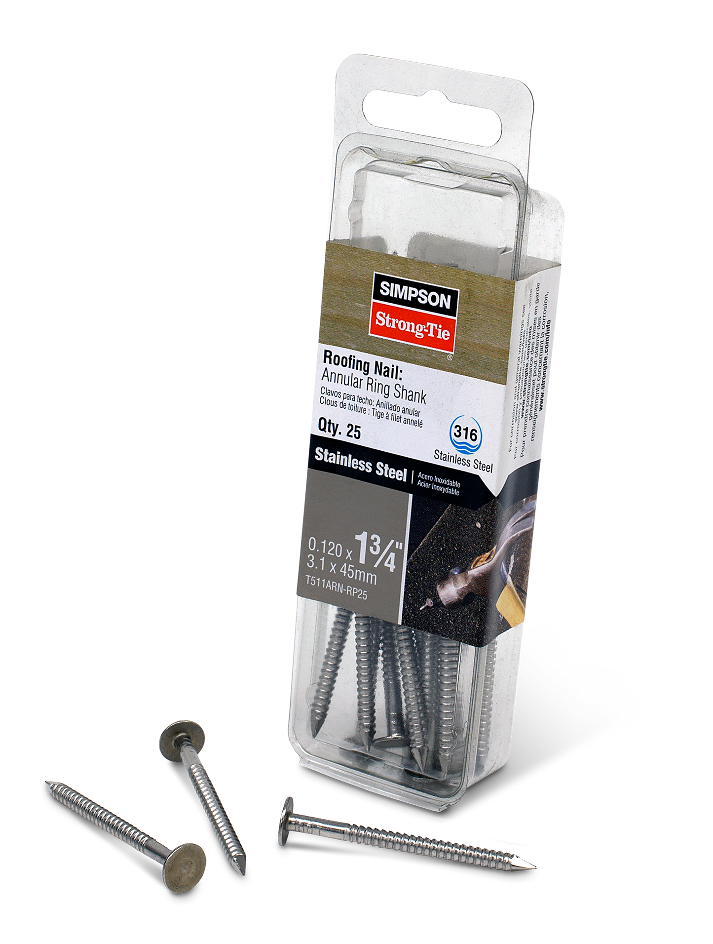Simpson Strong-Tie T511ARN-RP25 Roofing Nail, Annular Ring Shank — 1-3/4-in. x .120-in. Type 316 Stainless Steel (25-Qty)