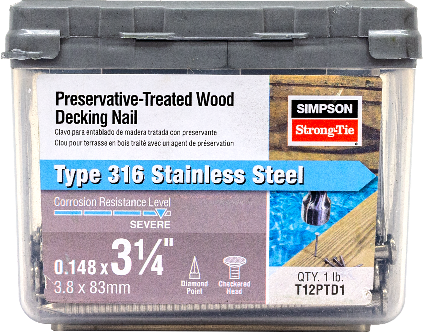 Simpson Strong-Tie T12PTD1 Preservative-Treated Wood Decking Nail, Ring Shank — 3-1/4 in. x .148 in. Type 316 (1 lb.) (Pack of 10)