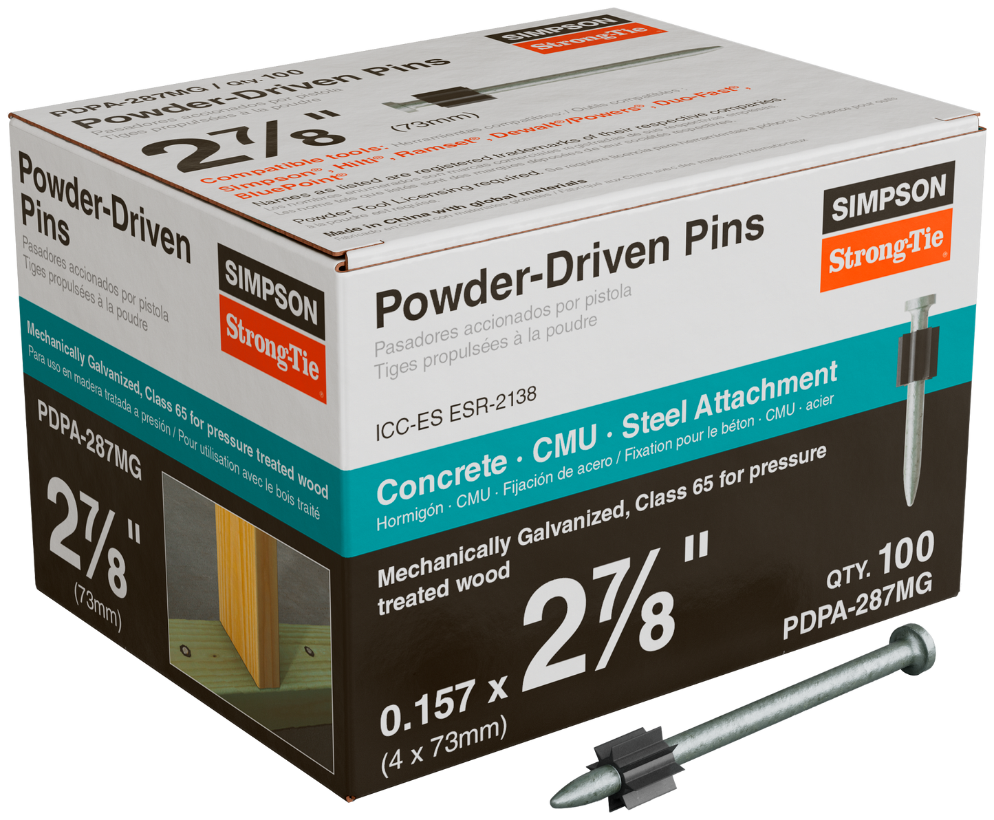 Simpson Strong-Tie PDPA-287MG PDPA .157 in. x 2-7/8 in. Mechanically Galvanized Powder-Actuated Pin (100-Qty) (Pack of 10)
