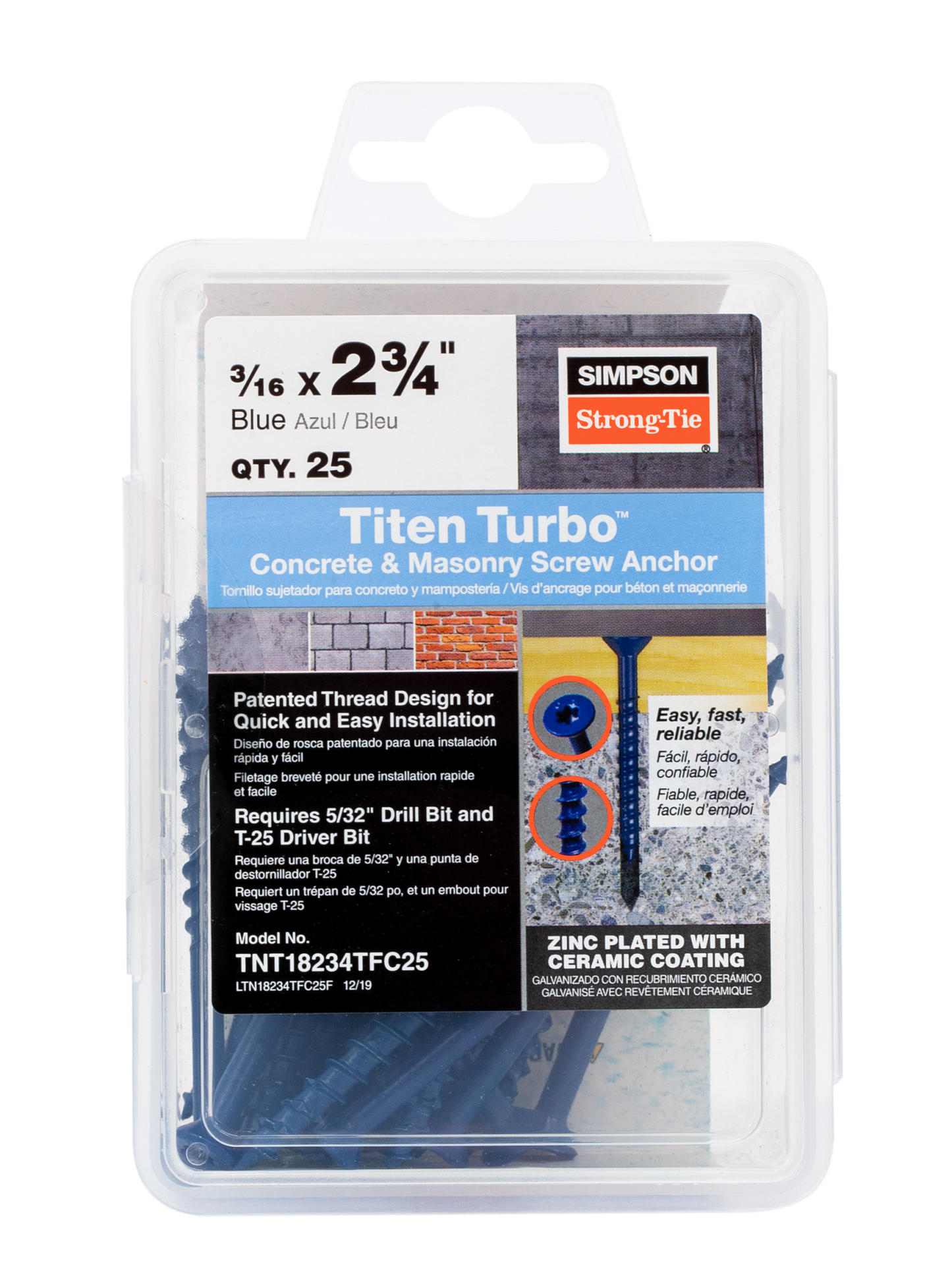 Simpson Strong-Tie TNT18234TFC25 Titen Turbo™ — 3/16 in. x 2-3/4 in. 6-Lobe Flat-Head Concrete and Masonry Screw, Blue (25-Qty) (Pack of 5)