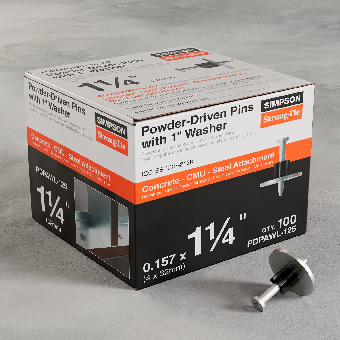 Simpson Strong-Tie PDPAWL-125 PDPAWL .157-in. x 1-1/4-in. Powder-Actuated Pin w/ 1-in. Washer (100-Qty) (Pack of 630)