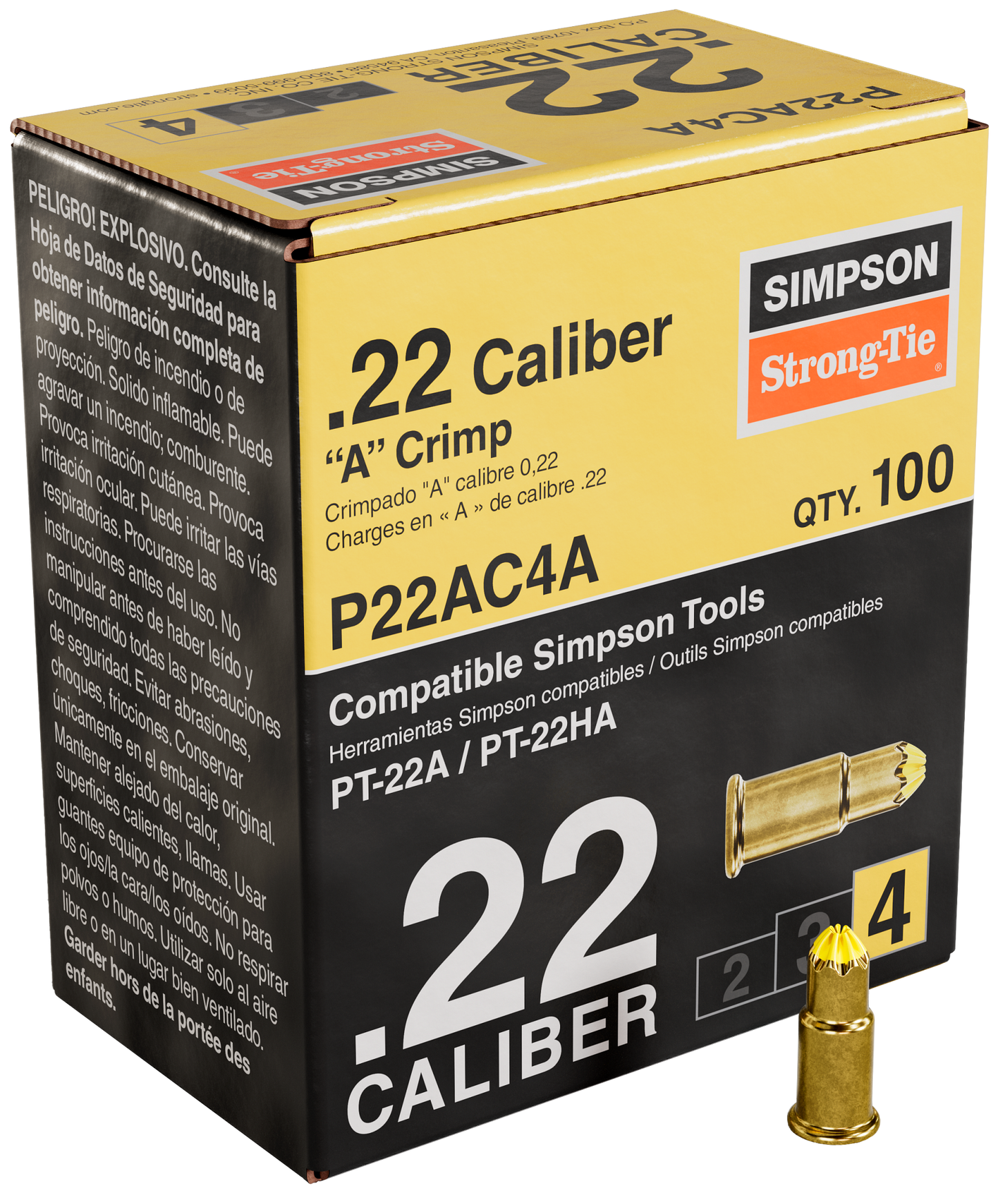 Simpson Strong-Tie P22AC4A P22AC 0.22-Caliber “A” Single-Shot Crimp Loads, LVL 4, Yellow - Imported (100-Qty) (Pack of 100)