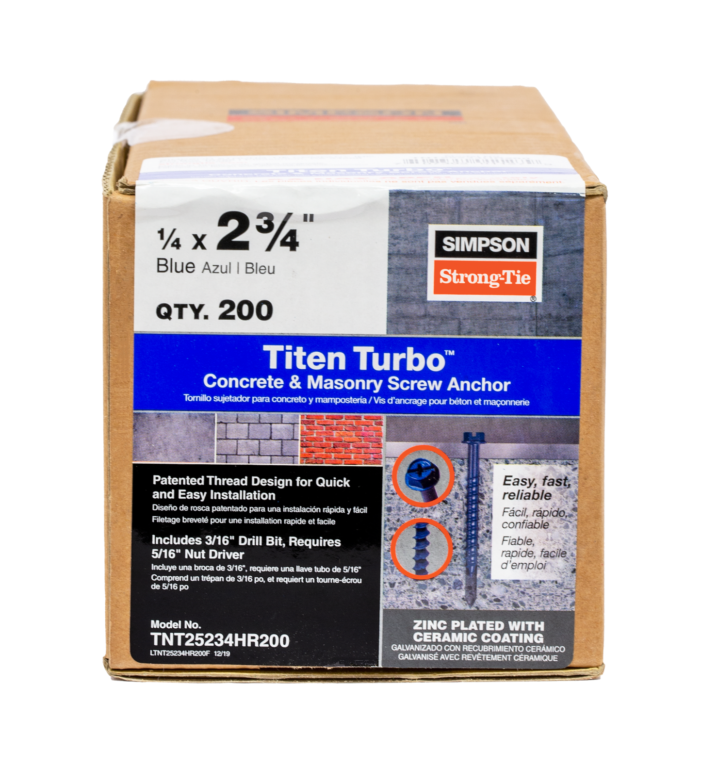 Simpson Strong-Tie TNT25234H Titen Turbo™ — 1/4 in. x 2-3/4 in. Hex-Head Concrete and Masonry Screw, Blue (100-Qty) (Pack of 5)