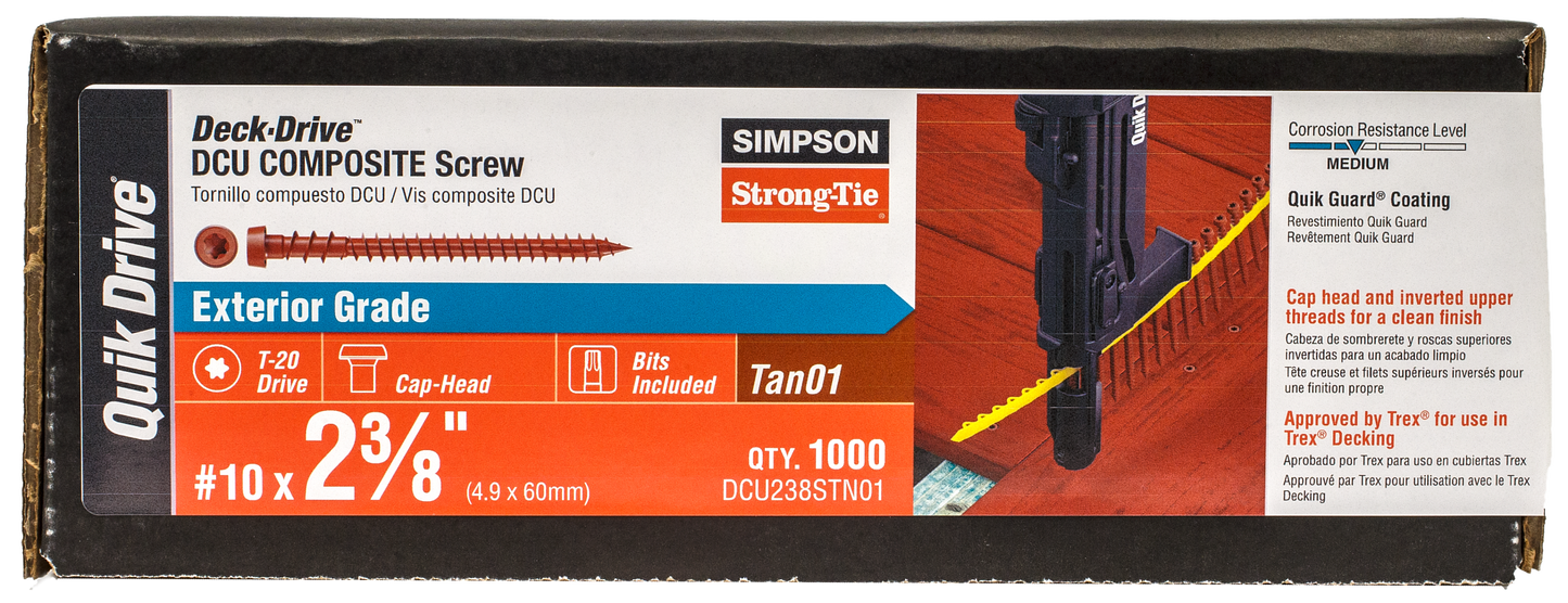 Simpson Strong-Tie DCU238STN01 Deck-Drive™ DCU COMPOSITE Screw (Collated) — #10 x 2-3/8 in. Quik Guard® Tan 01 (1000-Qty) (Pack of 100)