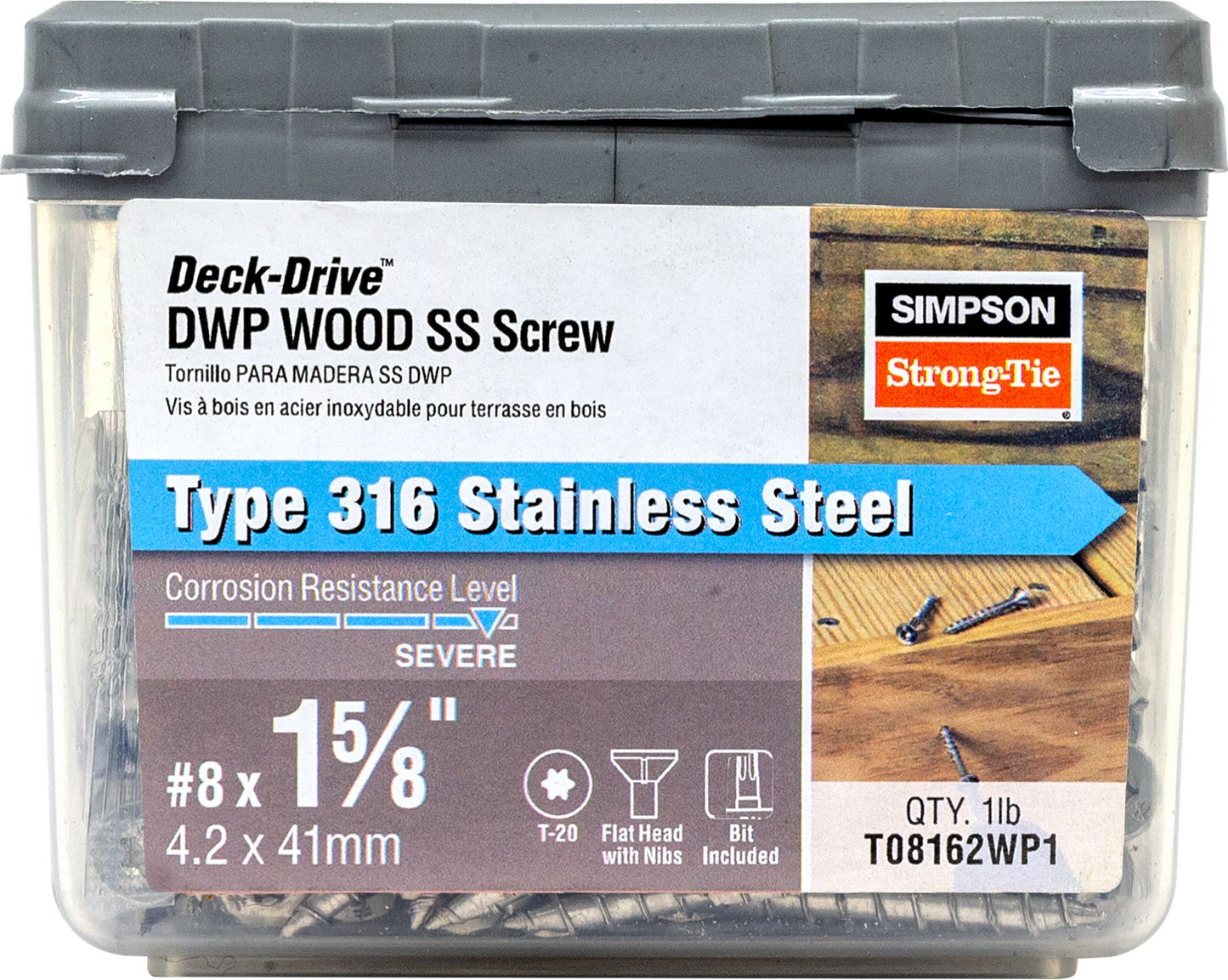 Simpson Strong-Tie T08162WP1 Deck-Drive™ DWP WOOD SS Screw — #8 x 1-5/8 in. T20, Flat Head, Type 316 (1 lb.) (Pack of 10)