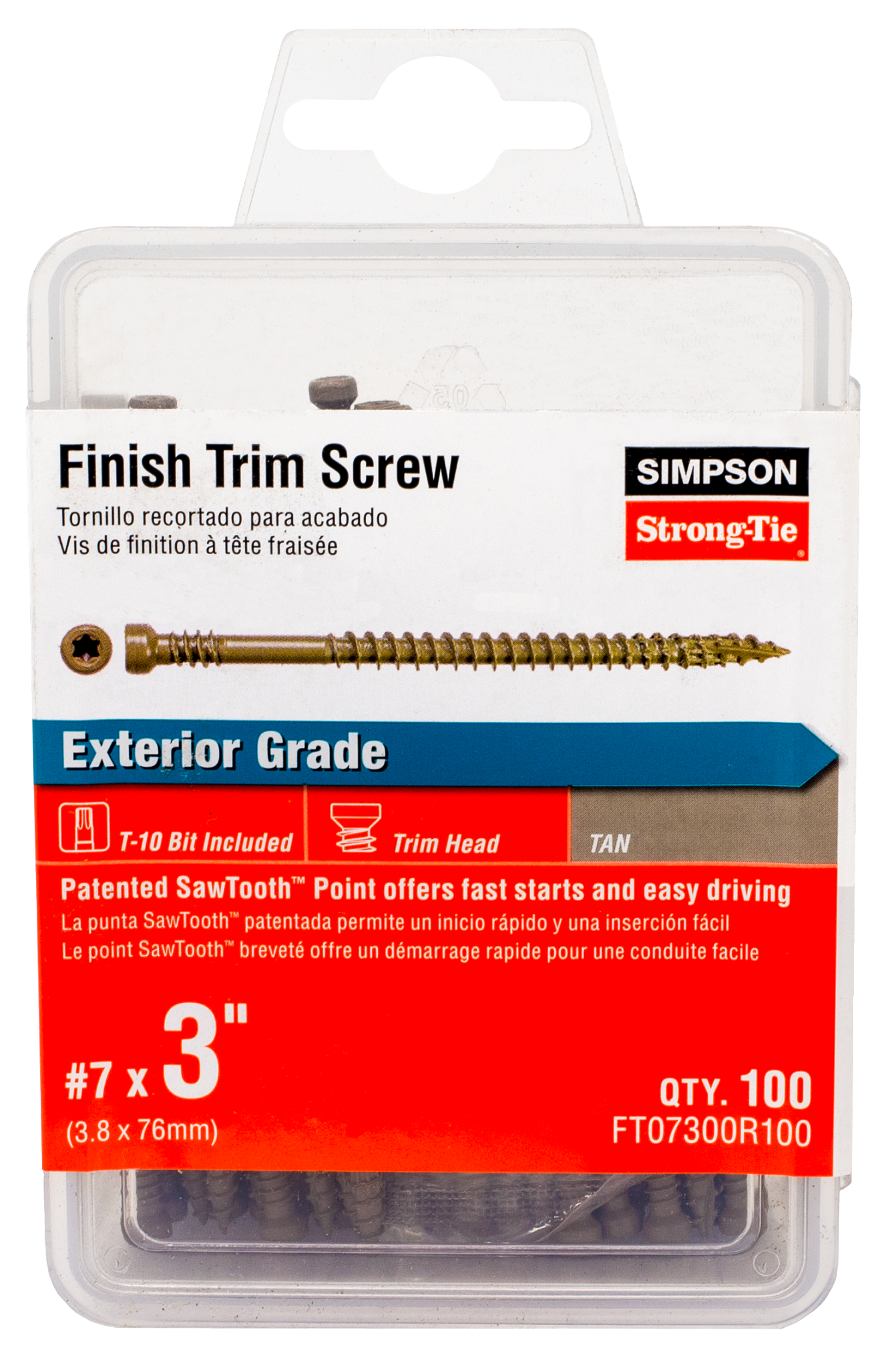 Simpson Strong-Tie FT07300R100 Finish Trim Screw — #7 x 3 in. T10, Trim-Head, Quik Guard®, Tan (100-Qty) (Pack of 5)