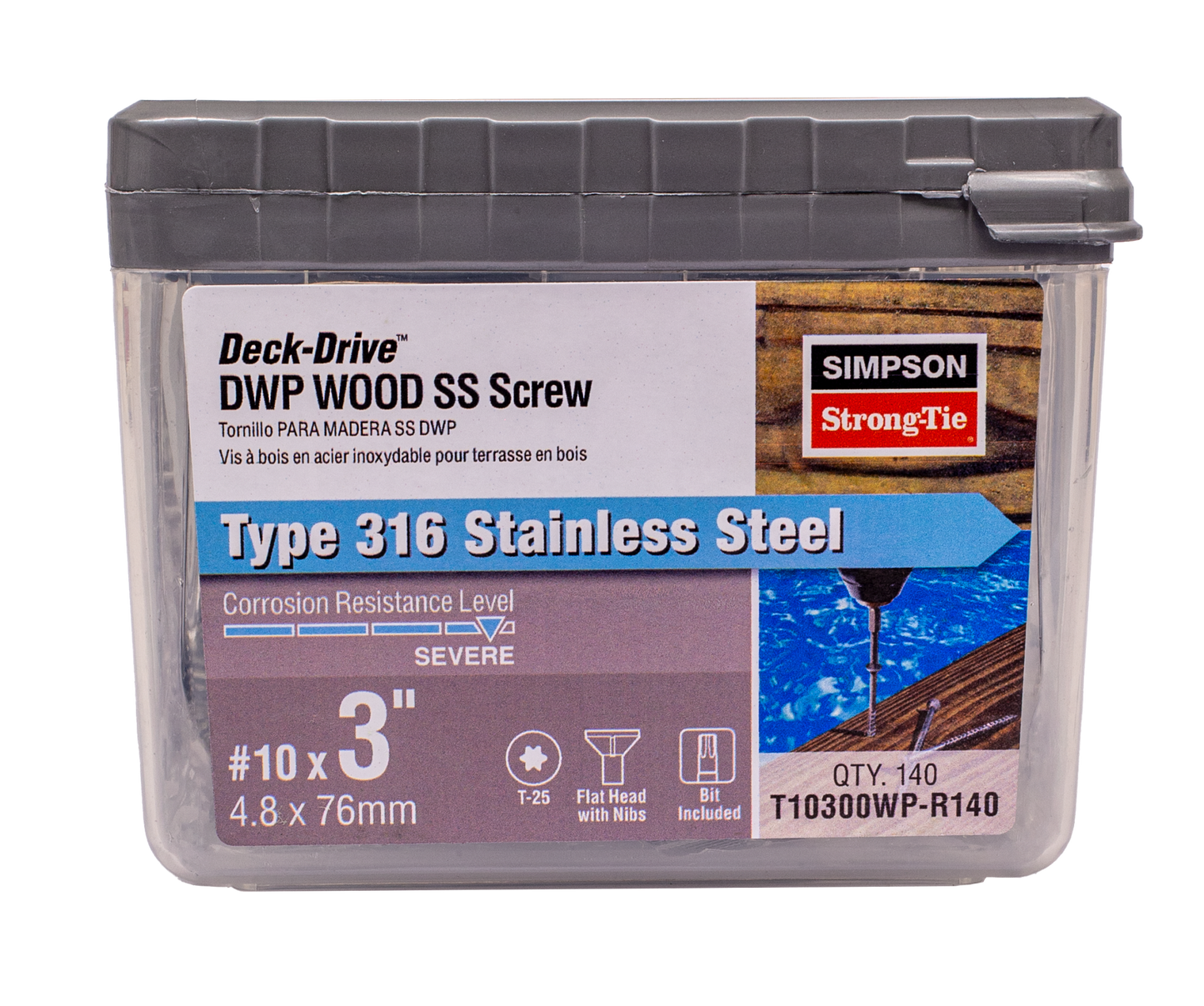 Simpson Strong-Tie T10300WP-R140 Deck-Drive™ DWP WOOD SS Screw — #10 x 3 in. T25, Flat Head, Type 316 (140-Qty)
