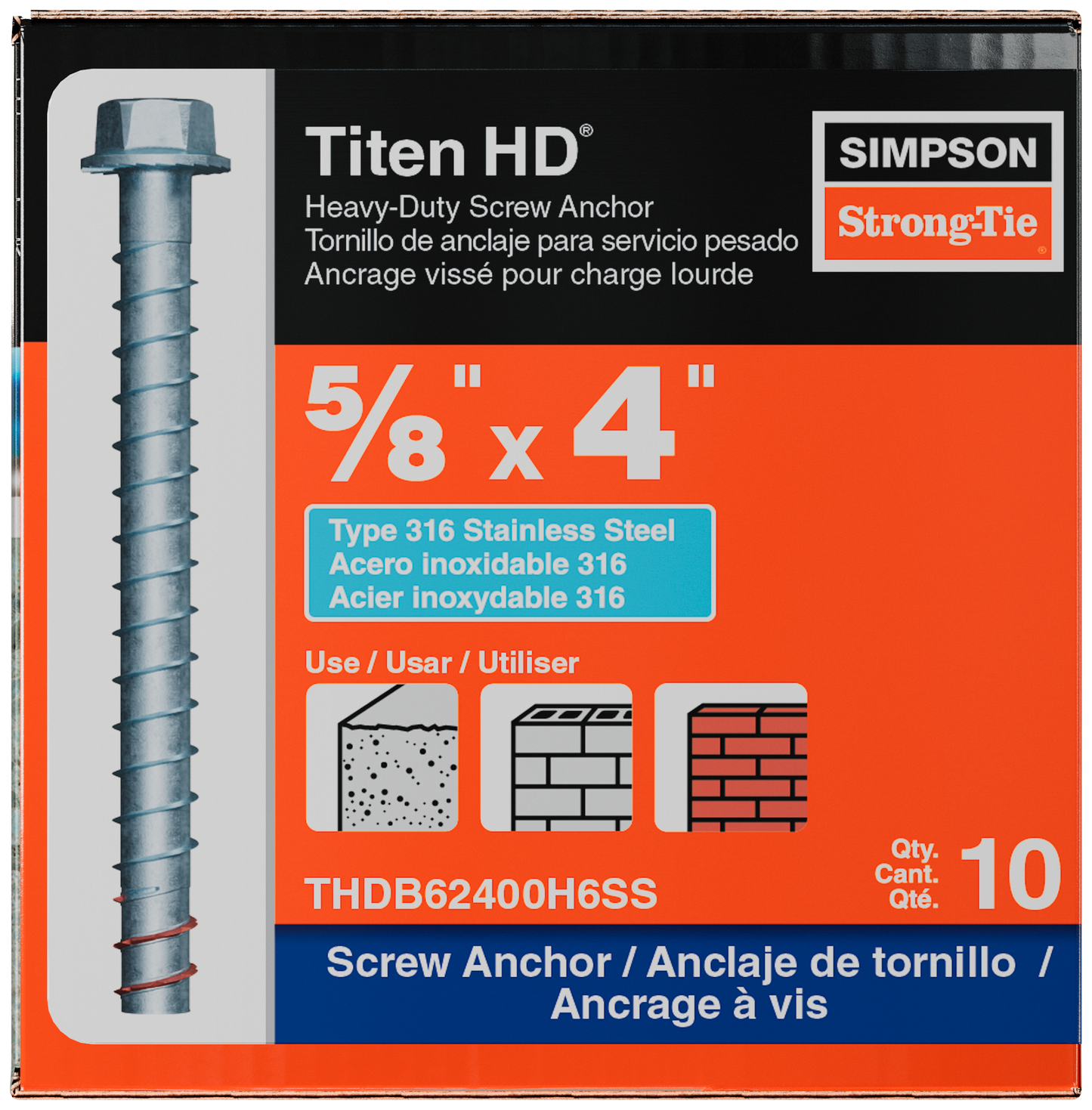 Simpson Strong-Tie THDB62400H6SS Titen HD® 5/8 in. x 4 in. Type 316 Stainless Steel Heavy-Duty Screw Anchor (10-Qty) (Pack of 4)