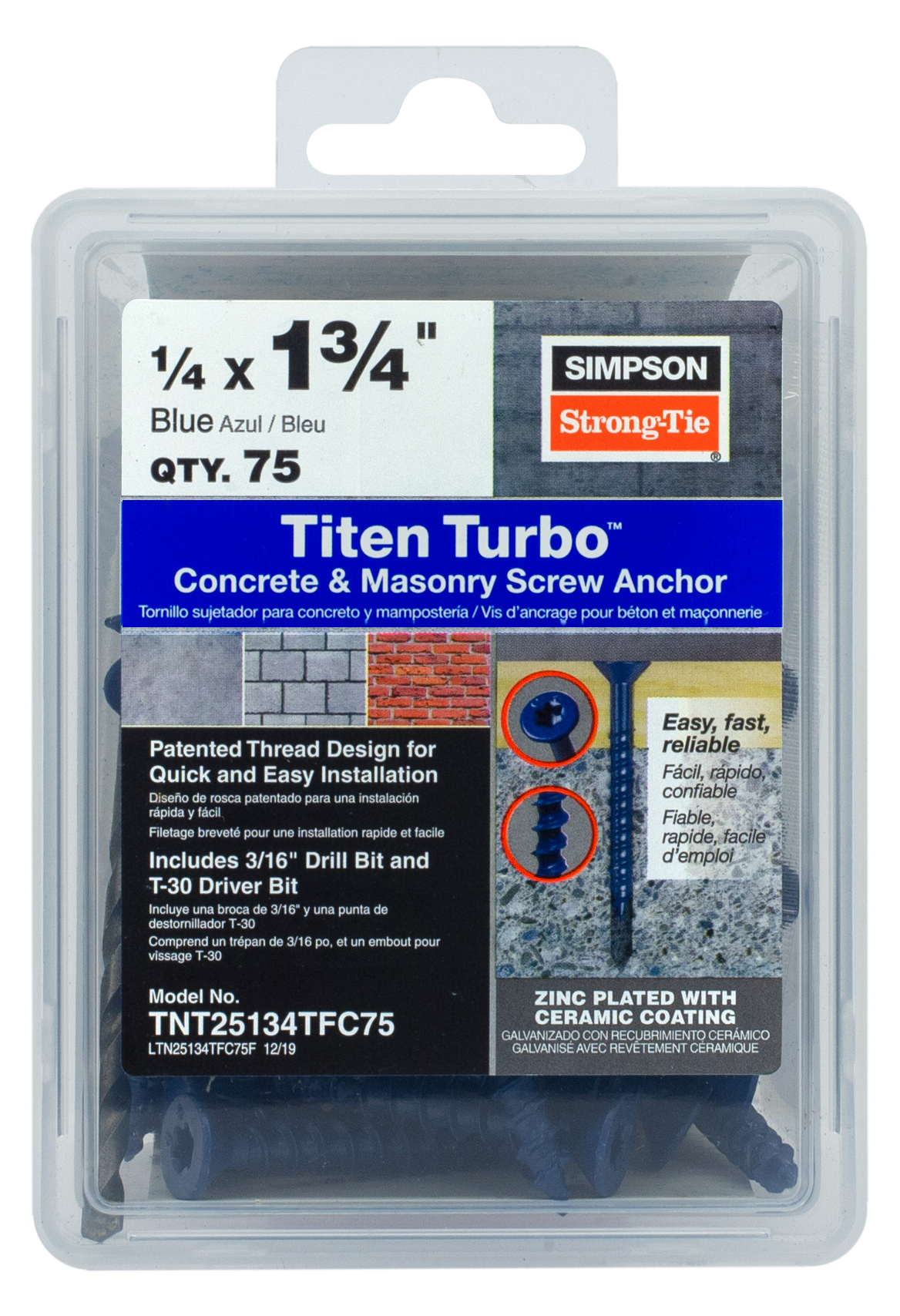 Simpson Strong-Tie TNT25134TFC75 Titen Turbo™ — 1/4 in. x 1-3/4 in. 6-Lobe Flat-Head Concrete and Masonry Screw, Blue (75-Qty) (Pack of 1152)