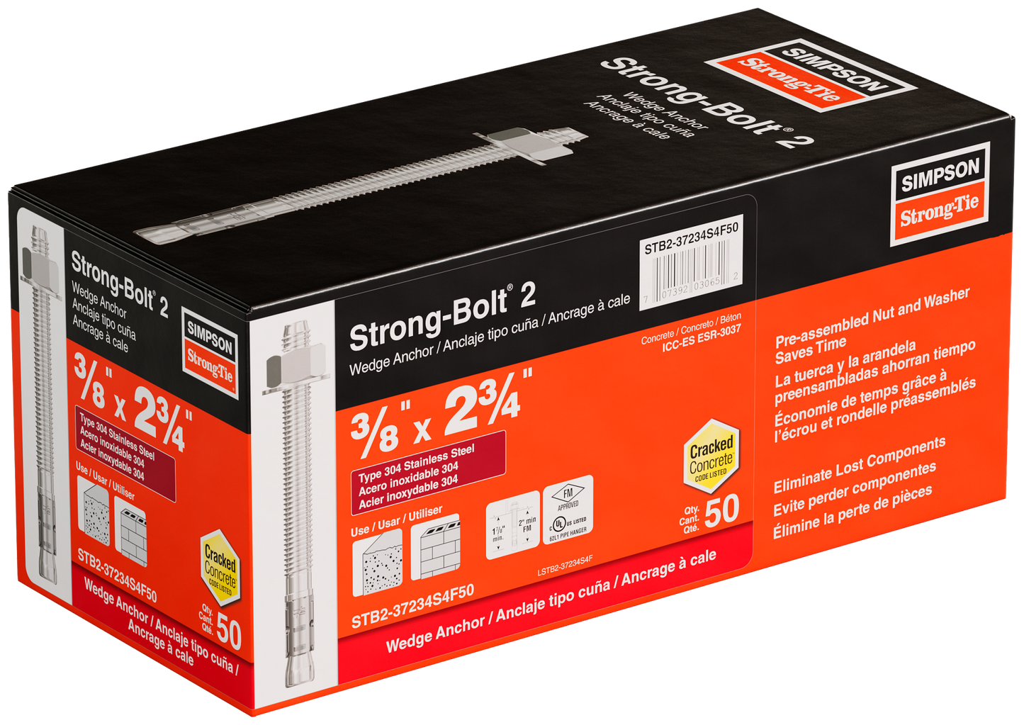 Simpson Strong-Tie STB2-37234S4F50 Strong-Bolt® 2 — 3/8 in. x 2-3/4 in. Type 304 Stainless-Steel Wedge Anchor, Fully Assembled (50-Qty)