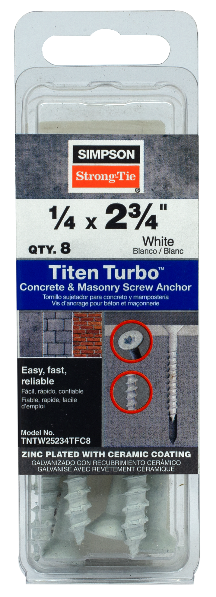 Simpson Strong-Tie TNTW25234TFC8 Titen Turbo™ — 1/4 in. x 2-3/4 in. 6-Lobe Flat-Head Concrete and Masonry Screw, White (8-Qty) (Pack of 20)