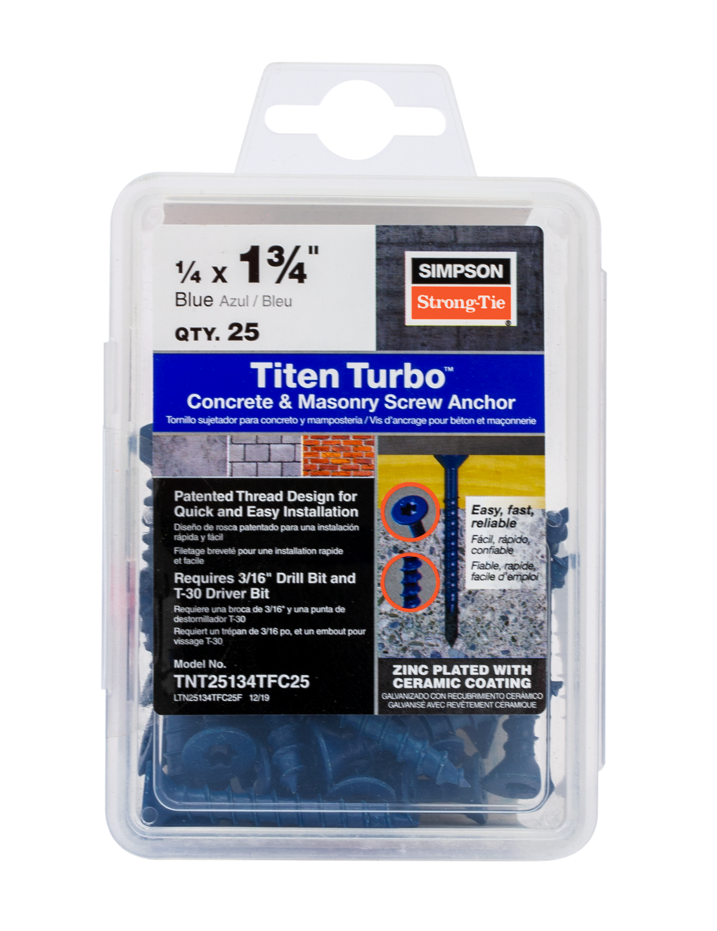 Simpson Strong-Tie TNT25134TFC25 Titen Turbo™ — 1/4 in. x 1-3/4 in. 6-Lobe Flat-Head Concrete and Masonry Screw, Blue (25-Qty) (Pack of 5)