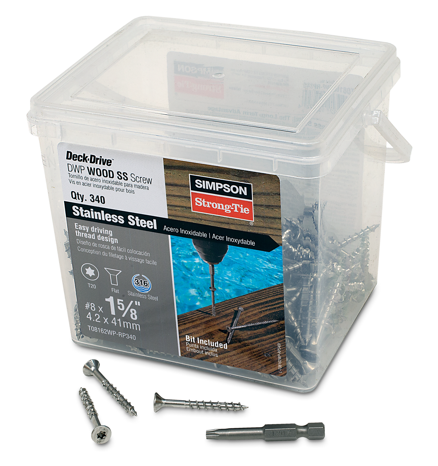 Simpson Strong-Tie T08162WP-RP340 Deck-Drive™ DWP WOOD SS Screw — #8 x 1-5/8 in. T20, Flat Head, Type 316 (340-Qty) (Pack of 336)