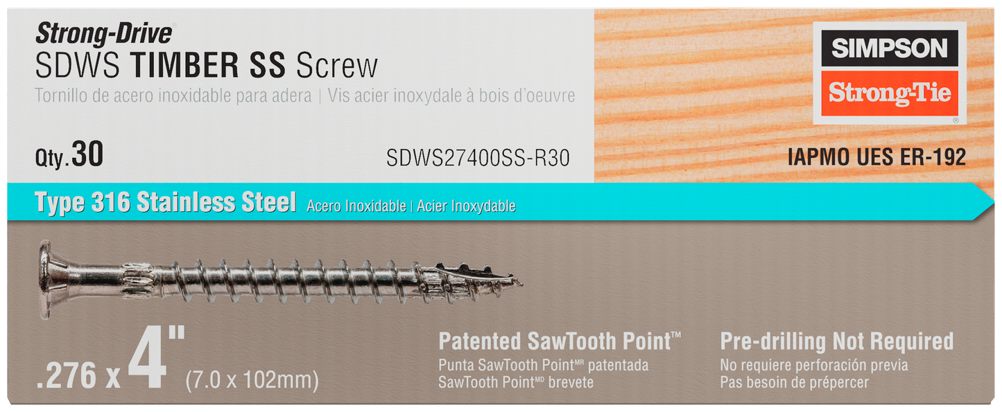 Simpson Strong-Tie SDWS27400SS-R30 Strong-Drive® SDWS™ TIMBER Screw — 0.275 in. x 4 in. T50, Type 316 (30-Qty) (Pack of 6)