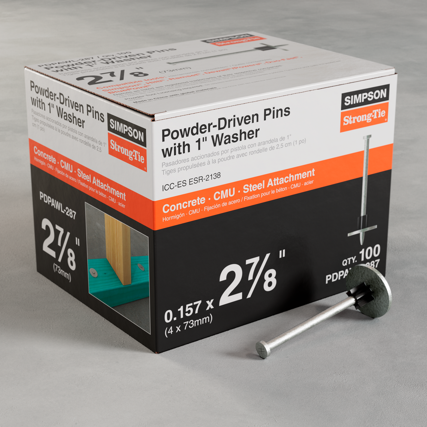 Simpson Strong-Tie PDPAWL-287 PDPAWL .157-in. x 2-7/8-in. Powder-Actuated Pin w/ 1-in. Washer (100-Qty) (Pack of 10)