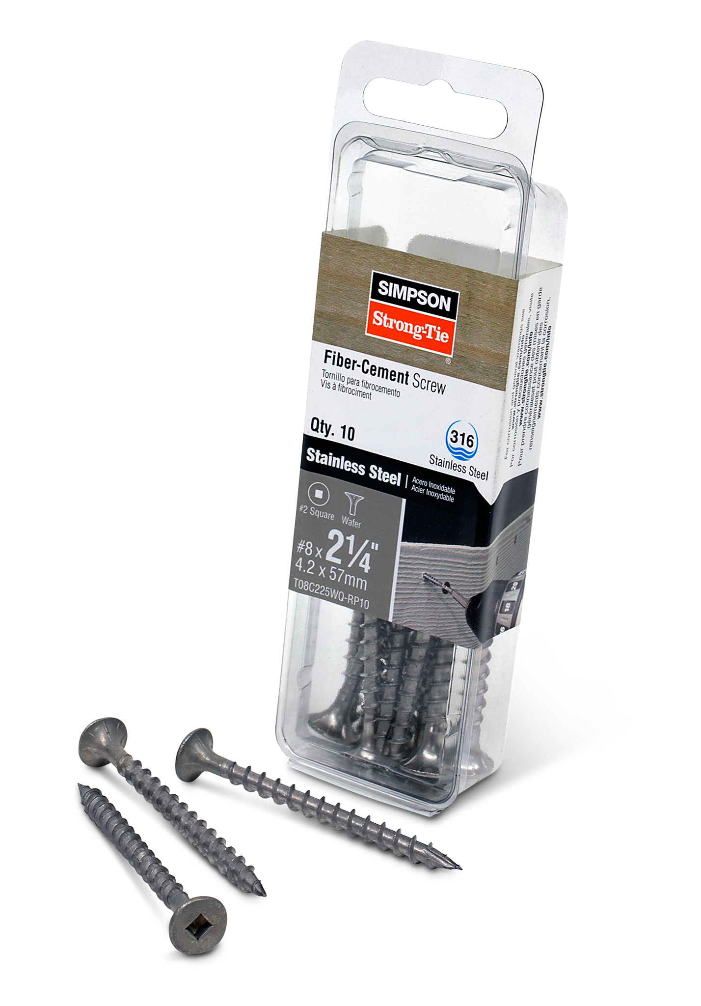 Simpson Strong-Tie T08C225WQ-RP10 Fiber-Cement Screw — #8 x 2-1/4 in. #2 Square Wafer-Head, Type 316 (10-Qty) (Pack of 5)