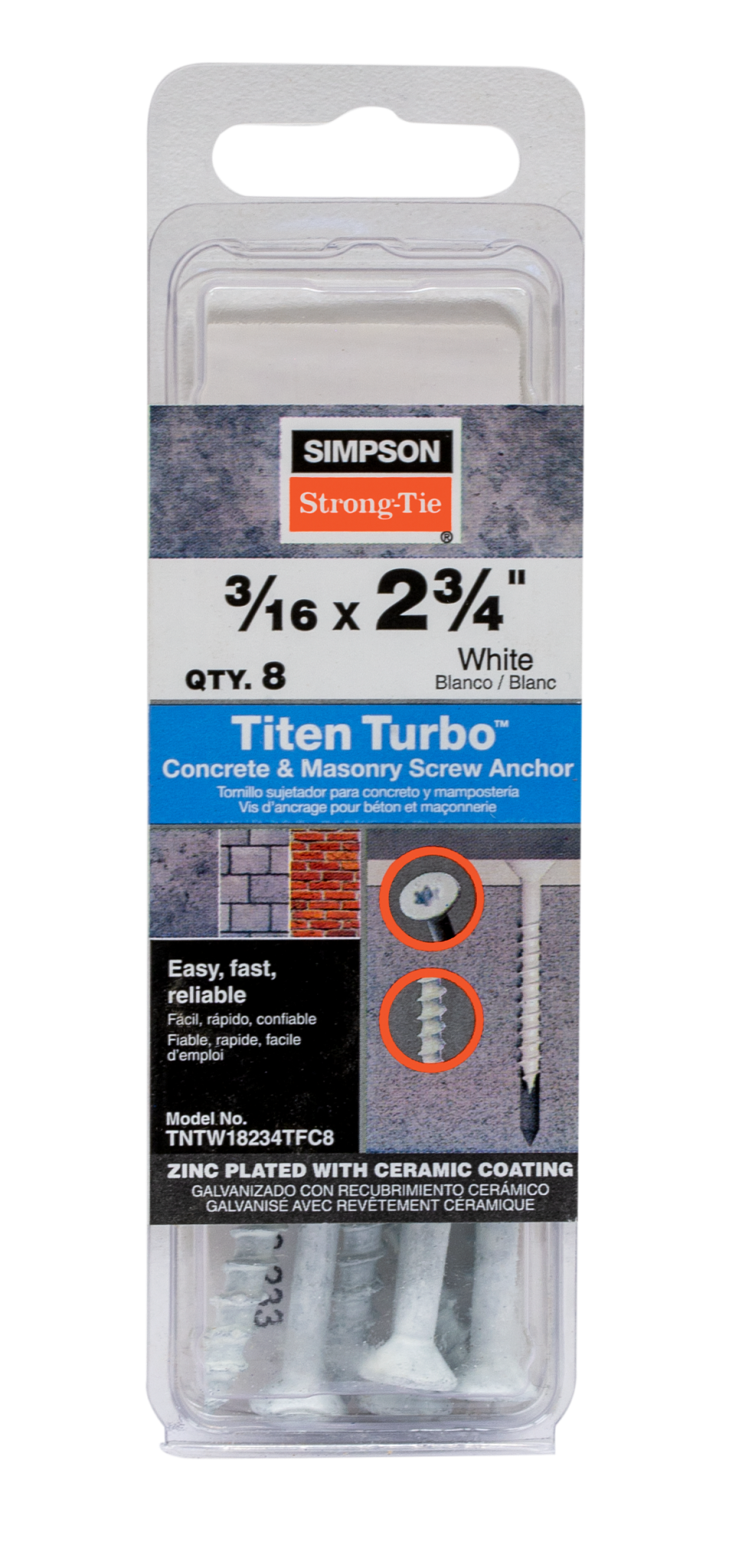 Simpson Strong-Tie TNTW18234TFC8 Titen Turbo™ — 3/16 in. x 2-3/4 in. 6-Lobe Flat-Head Concrete and Masonry Screw, White (8-Qty)