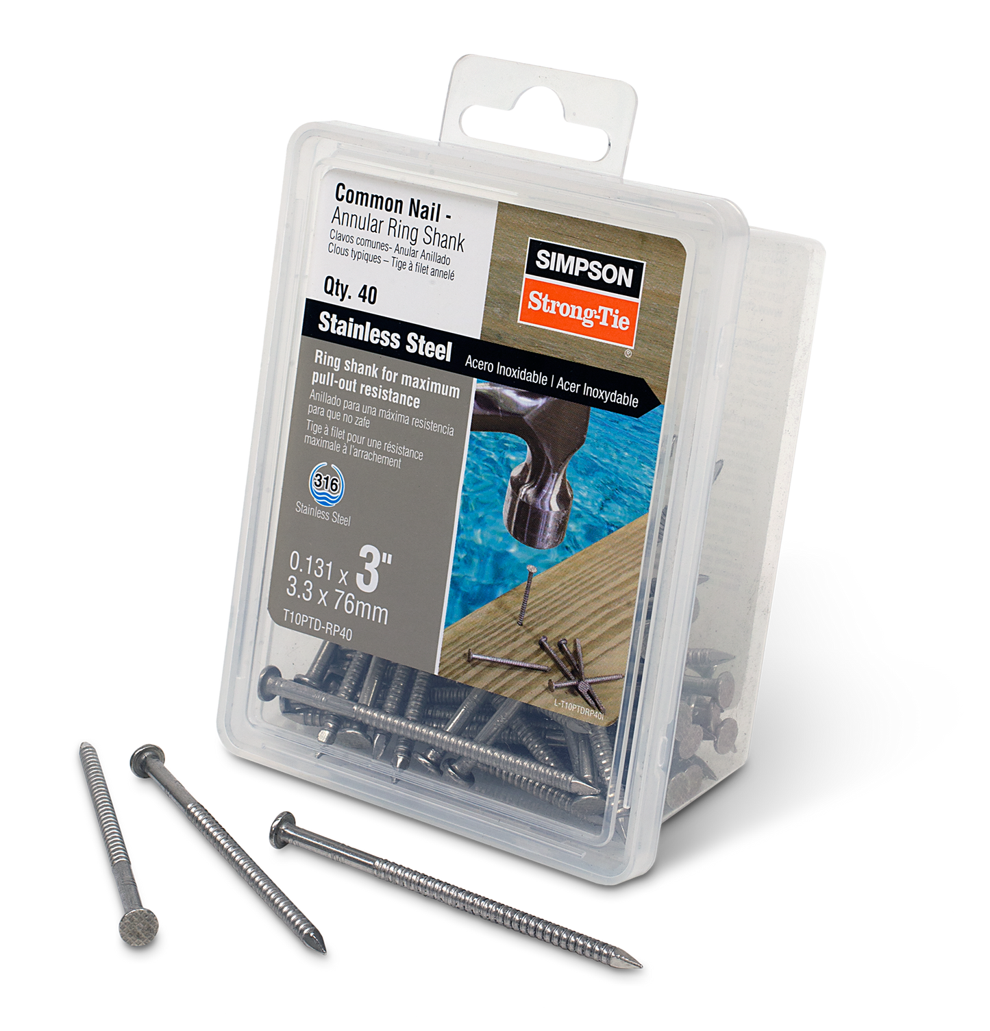 Simpson Strong-Tie T10PTD-RP40 Preservative-Treated Wood Decking Nail, Ring Shank — 3 in. x .131 in. Type 316 (40-Qty) (Pack of 4)