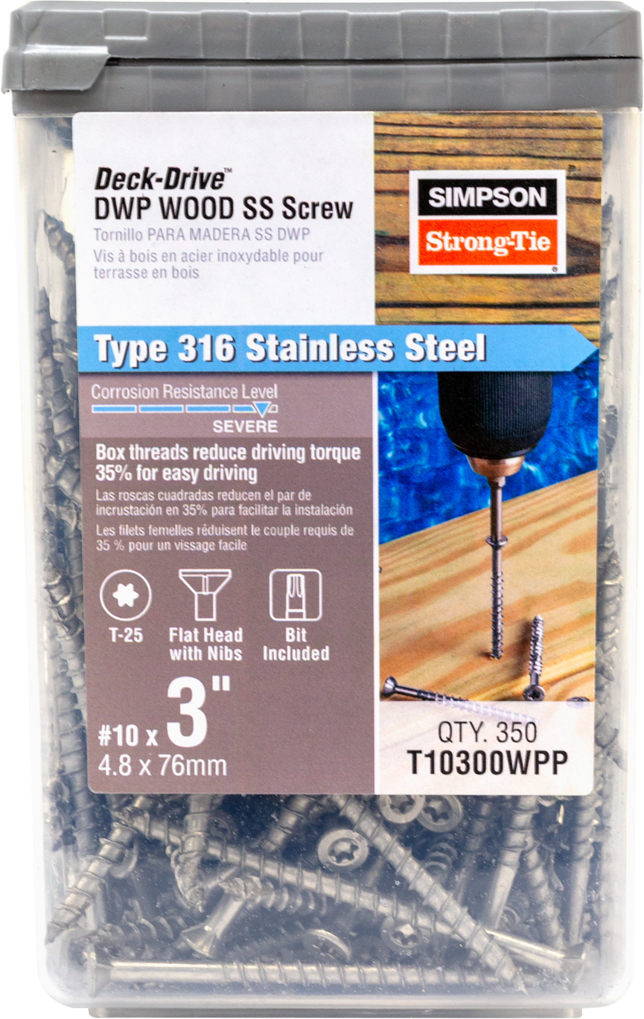 Simpson Strong-Tie T10300WPP Deck-Drive™ DWP WOOD SS Screw — #10 x 3 in. T25, Flat Head, Type 316 (350-Qty) (Pack of 300)