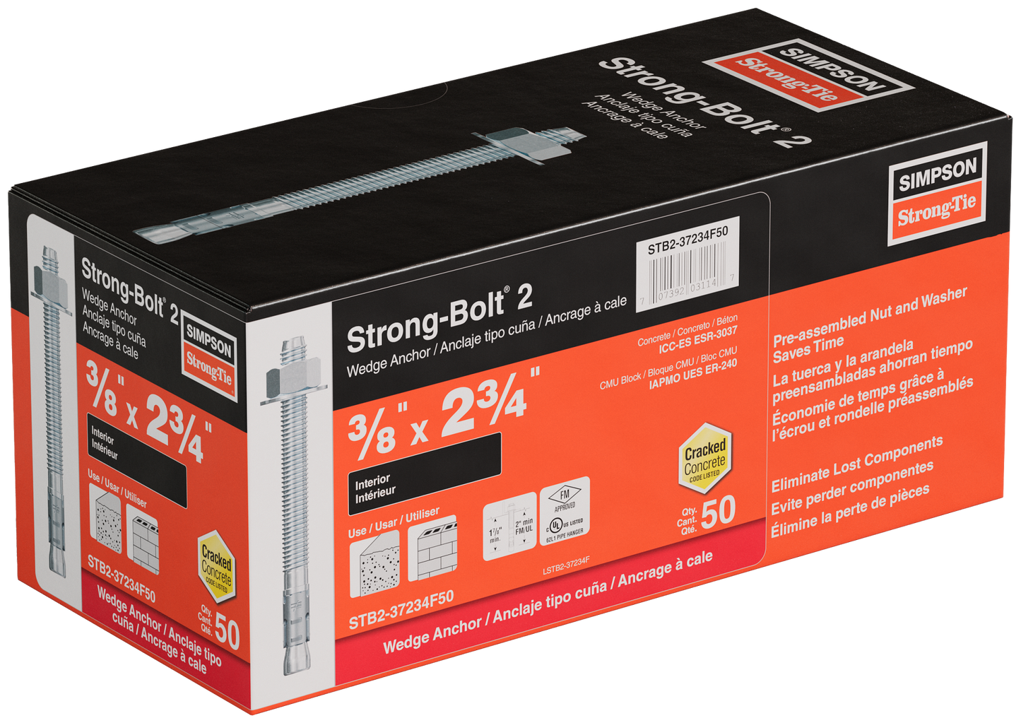 Simpson Strong-Tie STB2-37234F50 Strong-Bolt® 2 — 3/8 in. x 2-3/4 in. Wedge Anchor, Fully Assembled (50-Qty) (Pack of 420)
