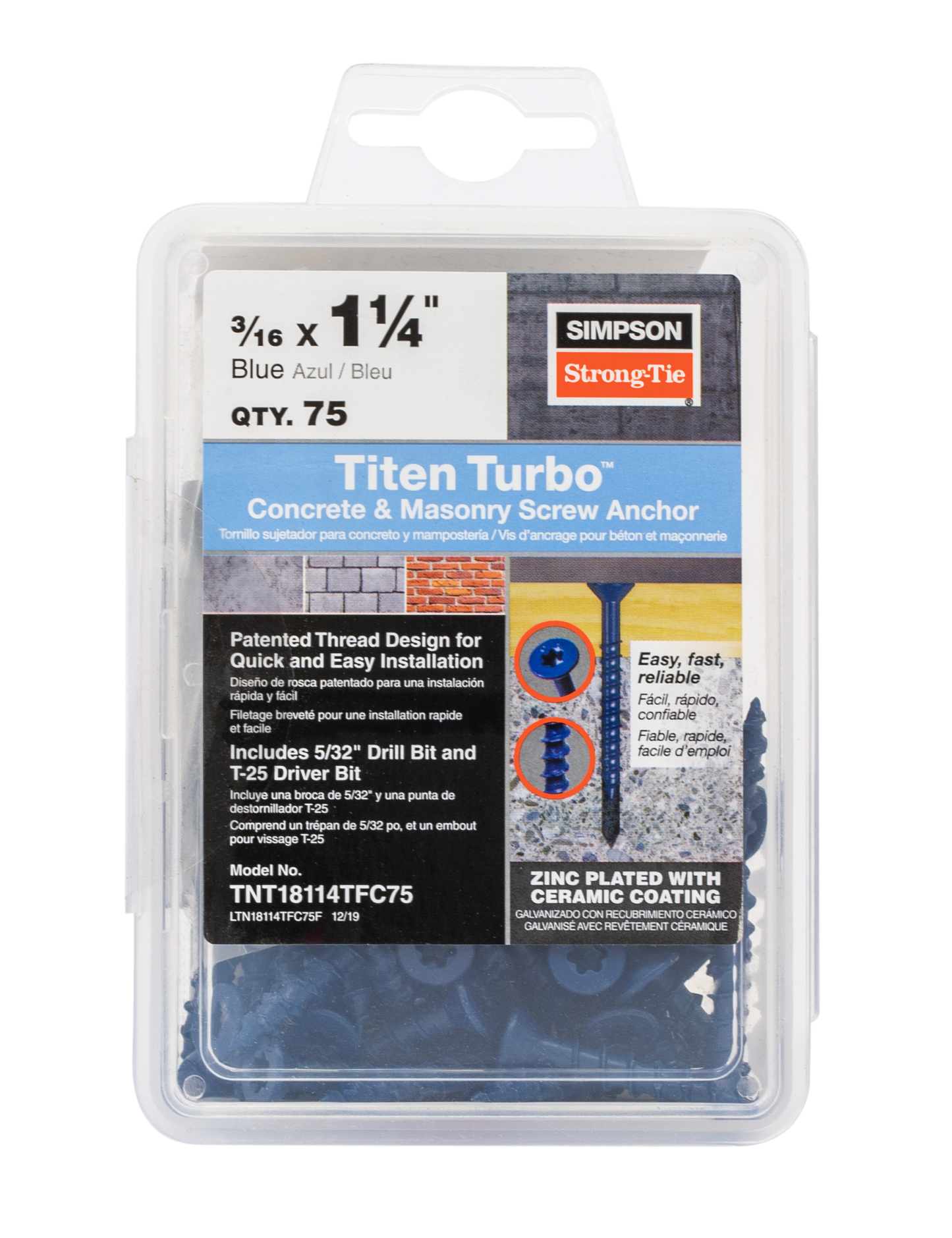 Simpson Strong-Tie TNT18114TF Titen Turbo™ — 3/16 in. x 1-1/4 in. 6-Lobe Flat-Head Concrete and Masonry Screw, Blue (100-Qty) (Pack of 1296)