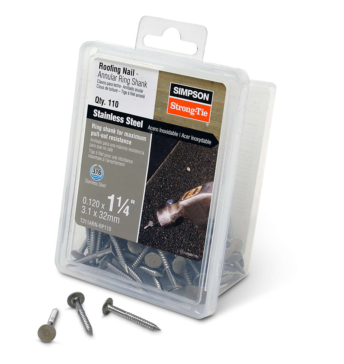 Simpson Strong-Tie T311ARN-RP110 Roofing Nail, Annular Ring Shank — 1-1/4-in. x .120-in. Type 316 Stainless Steel (110-Qty) (Pack of 600)