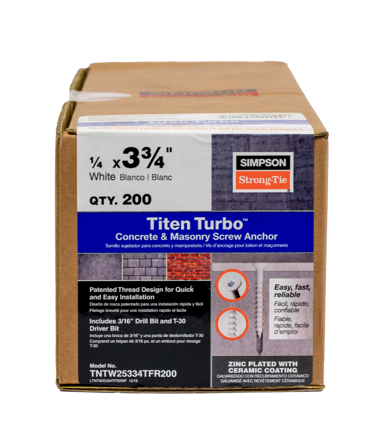Simpson Strong-Tie TNTW25334TFR200 Titen Turbo™ — 1/4 in. x 3-3/4 in. 6-Lobe Flat-Head Concrete and Masonry Screw, White (200-Qty)