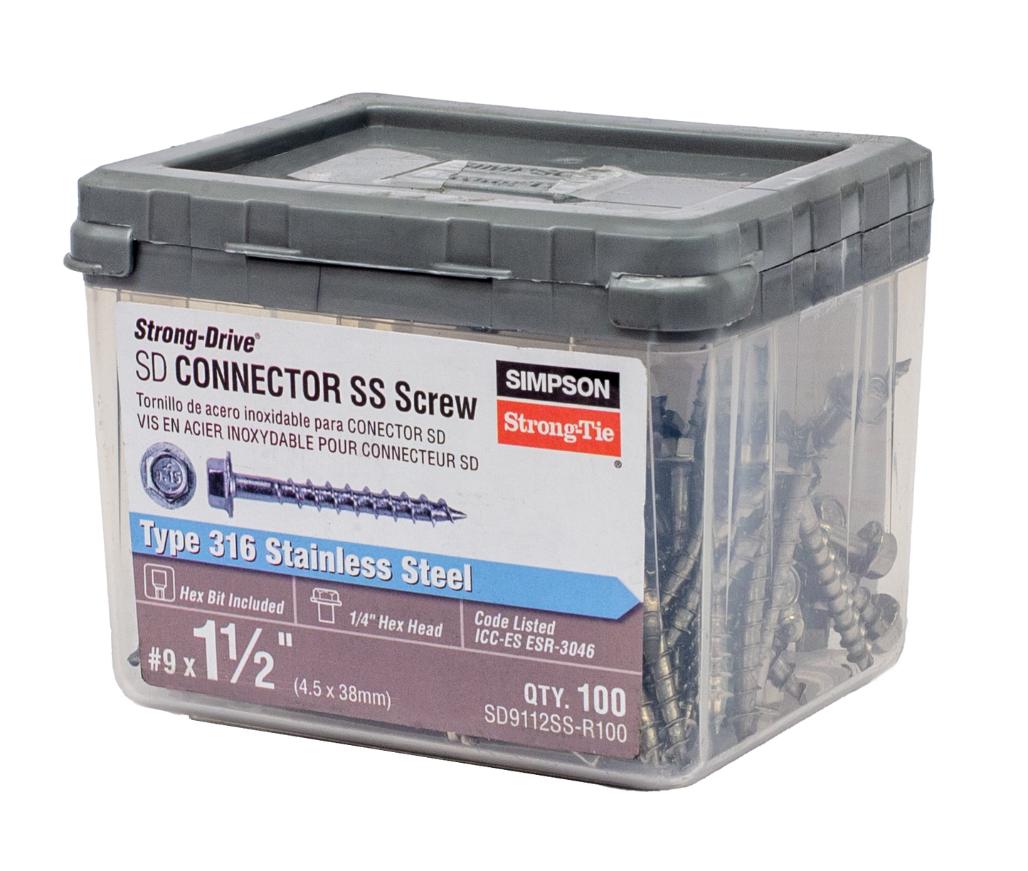 Simpson Strong-Tie SD9112SS-R100 Strong-Drive® SD CONNECTOR SS Screw — #9 x 1-1/2 in. 1/4-Hex Drive, Type 316 (100-Qty)