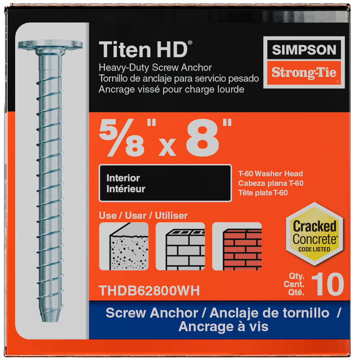 Simpson Strong-Tie THDB62800WH Titen HD® 5/8 in. x 8 in. Washer-Head Heavy-Duty Screw Anchor (10-Qty) (Pack of 252)