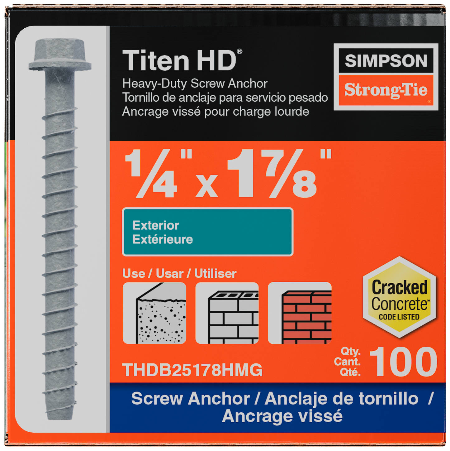Simpson Strong-Tie THDB25178HMG Titen HD® 1/4 in. x 1-7/8 in. Mechanically Galvanized Heavy-Duty Screw Anchor (100-Qty) (Pack of 490)
