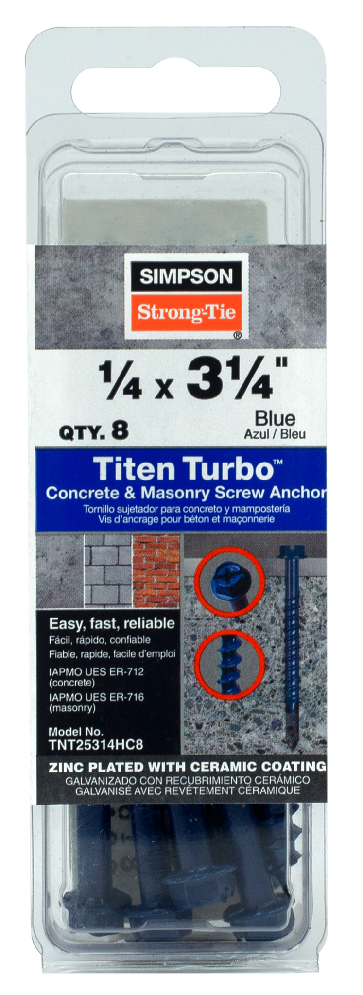 Simpson Strong-Tie TNT25314HC8 Titen Turbo™ — 1/4 in. x 3-1/4 in. Hex-Head Concrete and Masonry Screw, Blue (8-Qty)