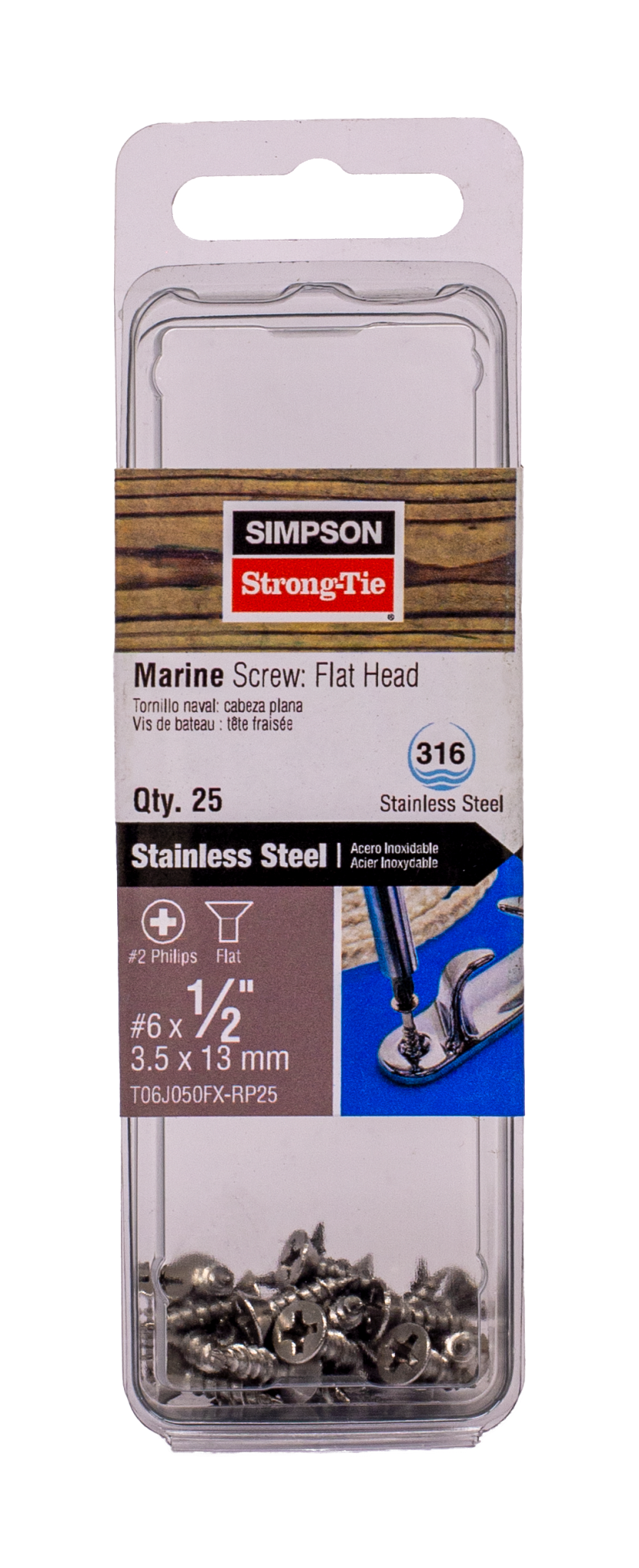 Simpson Strong-Tie T06J050FX-RP25 Marine Screw, Flat Head — #6 x 1/2 in. #2 Phillips Drive, Type 316 (25-Qty)