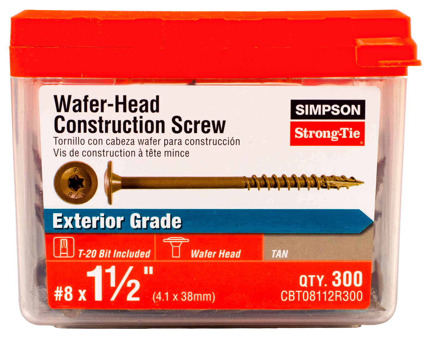 Simpson Strong-Tie CBT08112R300 Wafer-Head Construction Screw — #8 x 1-1/2 in. T20, Quik Guard®, Tan (300-Qty) (Pack of 6)